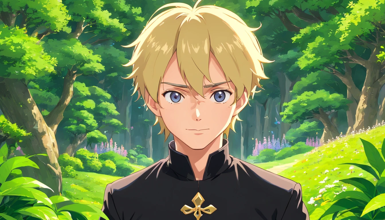 (absurdres, highres, ultra detailed), (cinematic), (UHD), solo, 1man, mature, happy, upper body, blonde short hair, fantasy, spring, garden, closed mouth, (cinematic, best quality, UHD), ((official art)), ((pop art))profile, simple hut, detailed face, (extremely detailed eyes), naruto uzumaki, ((nobility)), (((prince black attire))), emperor, duke, (((((solo)))))