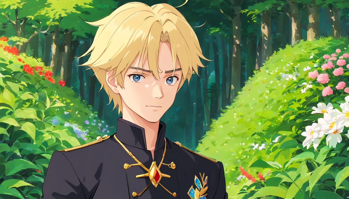 (absurdres, highres, ultra detailed), (cinematic), (UHD), solo, 1man, mature, happy, upper body, blonde short hair, fantasy, spring, garden, closed mouth, (cinematic, best quality, UHD), ((official art)), ((pop art))profile, simple hut, detailed face, (extremely detailed eyes), naruto uzumaki, ((nobility)), (((prince black attire))), emperor, duke, (((((solo)))))