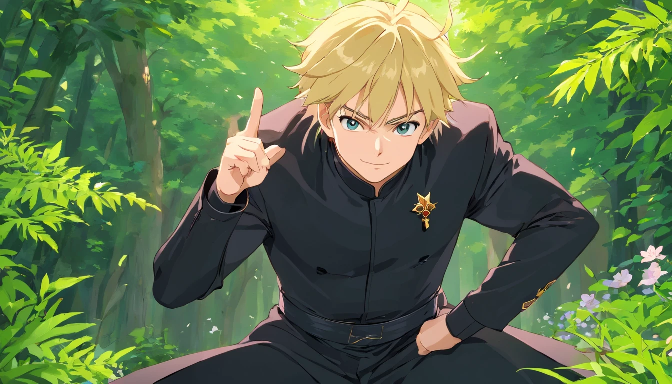 (absurdres, highres, ultra detailed), (cinematic), (UHD), solo, 1man, mature, happy, upper body, blonde short hair, fantasy, spring, garden, closed mouth, (cinematic, best quality, UHD), ((official art)), ((pop art))profile, simple hut, detailed face, (extremely detailed eyes), naruto uzumaki, ((nobility)), (((prince black attire))), emperor, duke, (((((solo)))))