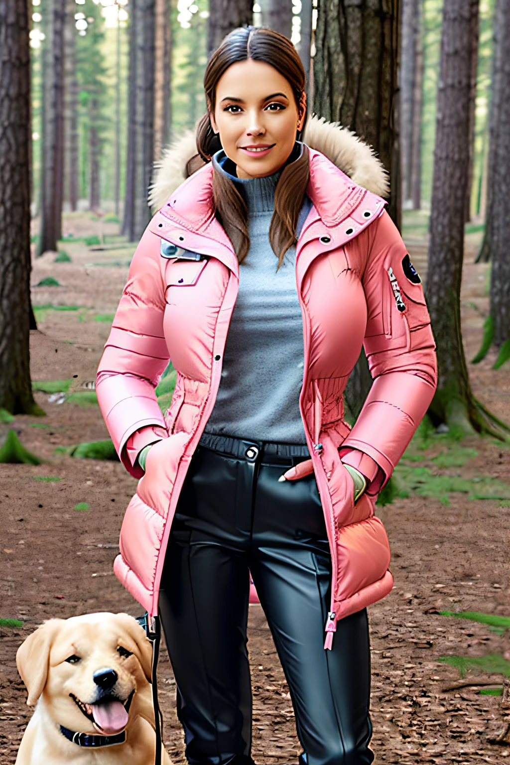 Make a woman with big breast, Pink long winterjacket , with open zipper, with face, body, Forrest, travel bag, Yellow pants, camper, dog