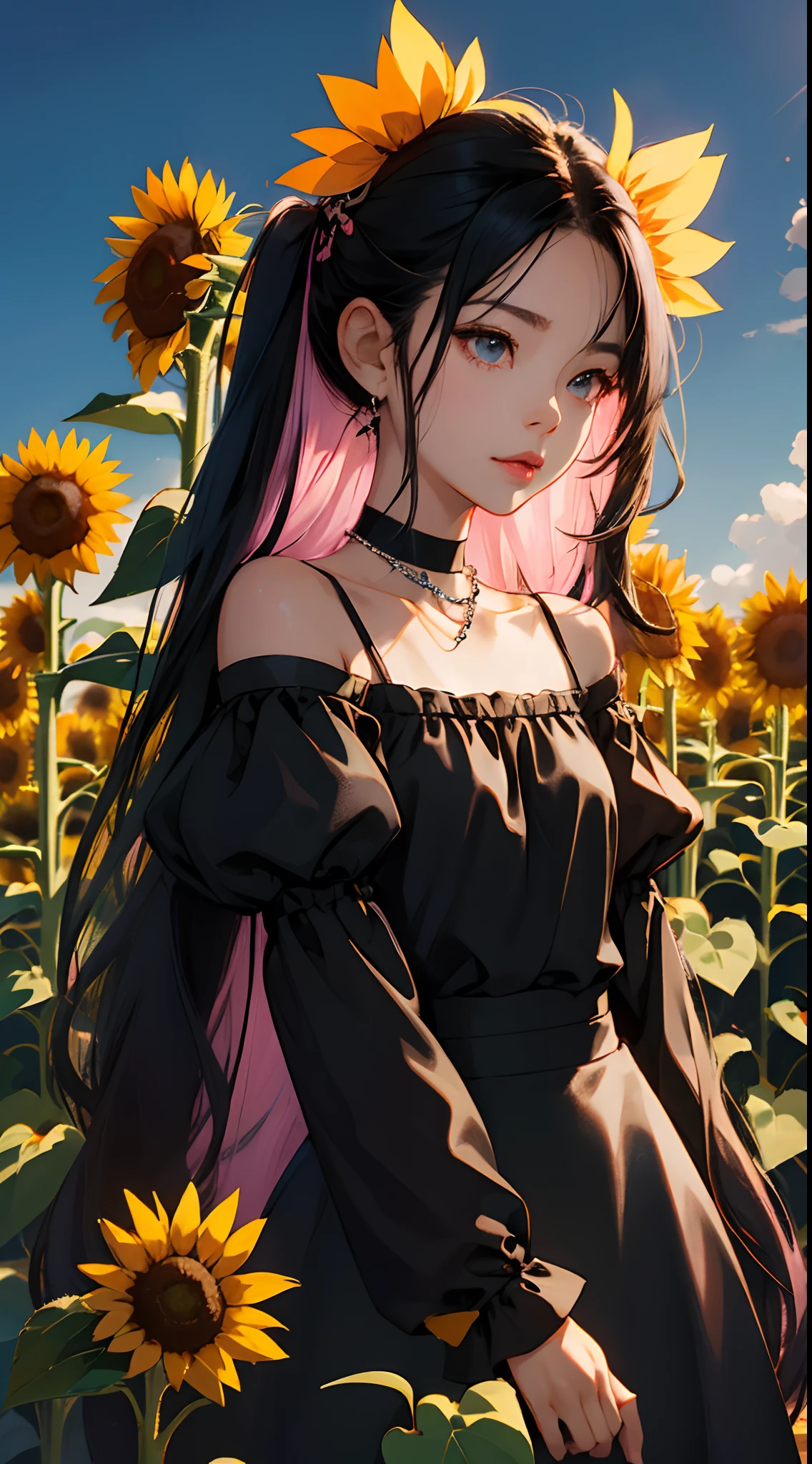 A cute little girl, anime smooth skin, long hair, half body , wearing a black square neck top with puff sleeves, wearing a heart shape chain in neck, pink lips , high quality, clear skin, background is sunflower garden, black hair, day light,