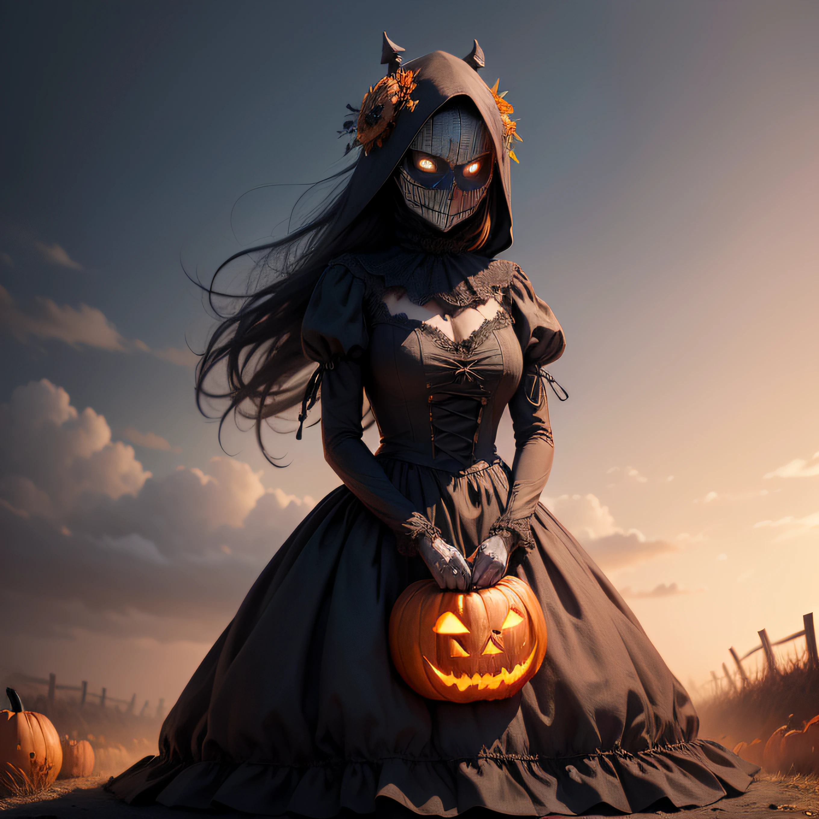 "(Highest picture quality), (Prioritizing the exceptional image quality and astonishing level of detail), generate an awe-inspiring (photorealistic:1.1) evil burlap pumpkin head scarecrow, scary, horror, night, moonlight, hay, cornfield, crows, fall, pumpkins, Sharp focus, render, octane, detail, award-winning photography, masterpiece, rim lighting."
