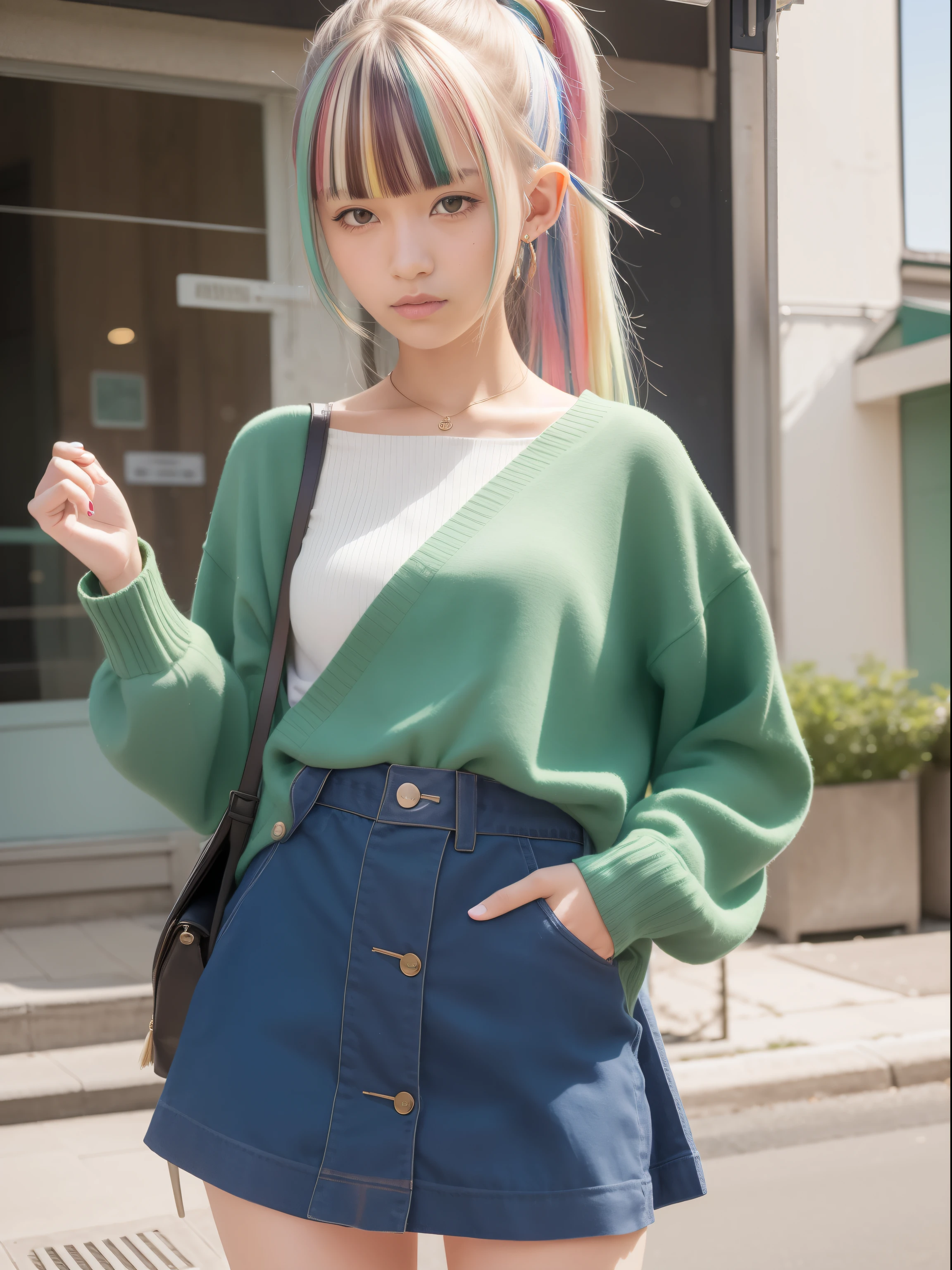 a 18 year old girl,masutepiece , Best Quality,Nahida(GenshinImpact) ,1girl in , tiny chest,Long hair ,Side Ponytail, Hair Ornament , White hair , Green hair , hand behind head:1.5,multicolored hair, elf , pointy ear , School summer clothes , Wearing a miniskirt ,schools , Street,looking at the viewers