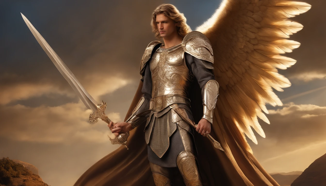 a Male character, the Archangel Michael, Celestial image, intricate details, realistic, BEIGE and large wings, Celestial background, Catholic illustrative image of the Archangel Michael, Male Character of the Bible, Michael is Wearing his Angelic Armor, Maximum details and his STRONG face and angelic wings, Perfect realistic skin, Maximum image quality, Miguel he is highlighted in the Image with strong and flashy colors.
