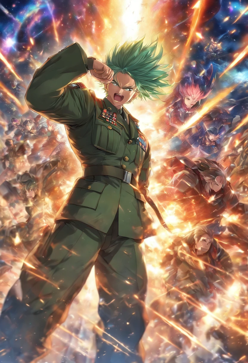 Absurd resolution, high resolution, (Masterpiece: 1.4), hyper-detailing, Middle-aged man in military uniform, Scientific Observatory background, Screen walls, etc, Open your mouth excitedly, Upper body photo