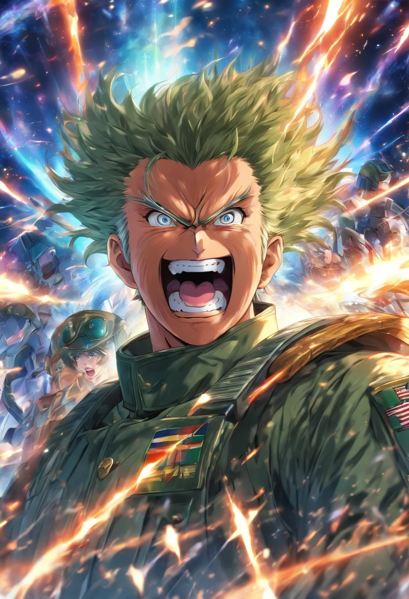 Absurd resolution, high resolution, (Masterpiece: 1.4), hyper-detailing, Middle-aged man in military uniform, Scientific Observatory background, Screen walls, etc, Open your mouth excitedly, Upper body photo
