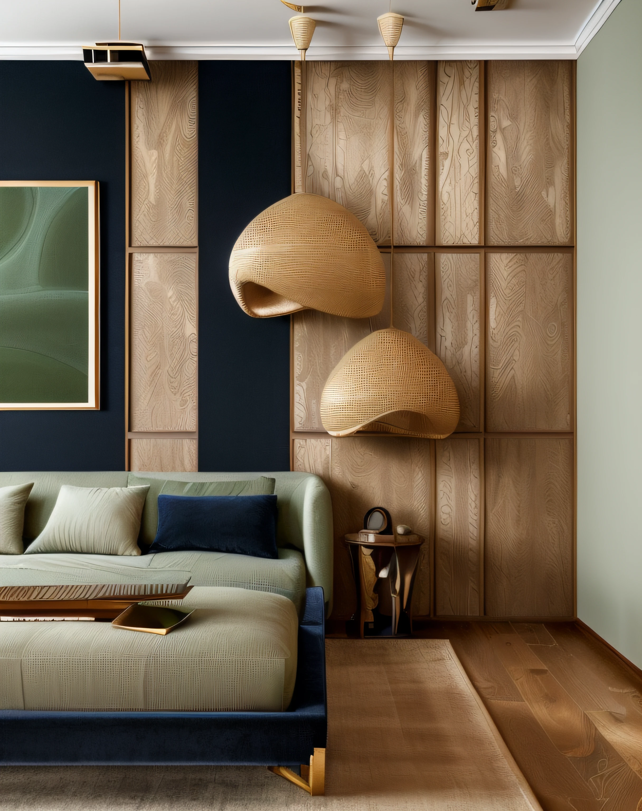 RAW photo, interior classic style, (high detailed skin:1.2), 8k uhd, dslr, (natural light:1.2), high qualityPlease generate a detailed and unique image of the living room in a Japandi-style apartment. The room should embody the essence of Japandi with warm and bright natural wood tones, emphasizing the wood's beautiful grain patterns. The floor should consist of opulent tiles or luxurious marble cladding with elegant cloud-like patterns. Incorporate both modern LED lighting and a contemporary chandelier to create a well-lit space. The sofa, ideally in a refined textile, should complement the interior furnishings. Choose modern, sleek curtains in a sophisticated shade of navy blue to create a contemporary contrast. Ensure that the room is flooded with authentic and crisp natural light, enhancing the colors and textures of the interior elements. To introduce a unique twist, incorporate a monochromatic wood paneling that spans the walls. Decorative elements in pastel blue, moss green, deep plum, and other standout colors should be strategically placed throughout the room. Please ensure that the room radiates an atmosphere of Japandi harmony, sophistication, and creativity, where the interplay of natural light, wood textures, and unique color accents creates a stunning representation of the Japandi apartment living room