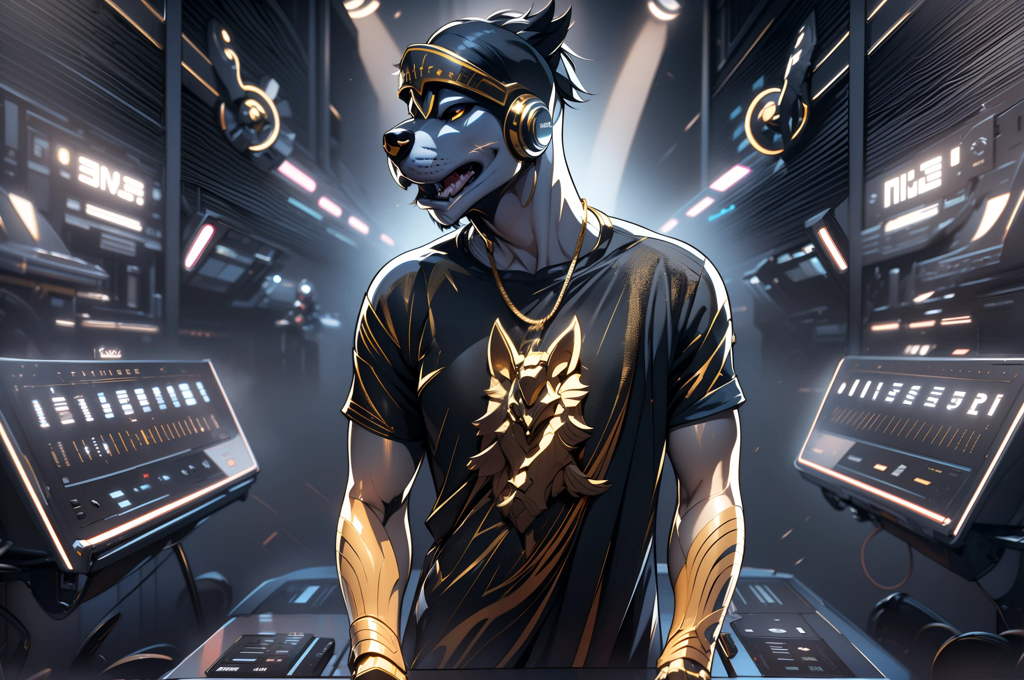 (Ultra-high detail, 16K resolution, movie footage, octane rendering), An anthropomorphic white husky, Robust body，A skinny T-shirt accentuates the figure，Wear a T-shirt,necklace gold，hands up to set the mood, hands out of the frame, wearing silver DJ headphones, shiny silver sequined T-shirt, (iconic hip-hop pop outfit :1.3), smiling as he dons the stage. Standing in front of the DJ equipment for a full body shot, the spotlight shines on the female DJ. Disco lighting realistic style photography