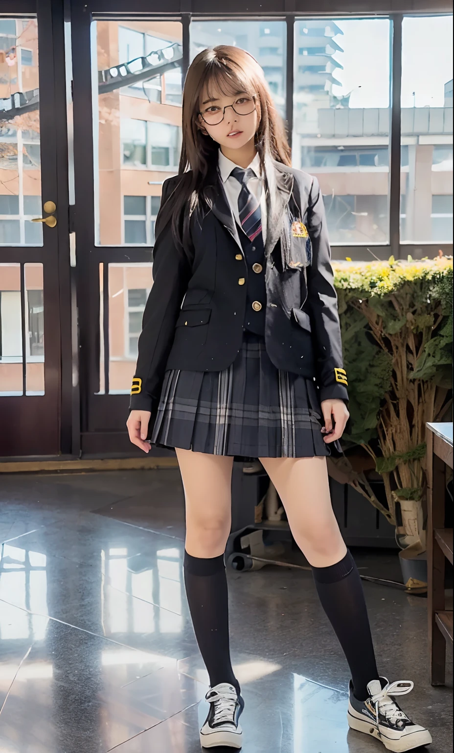 1girl, (raw photo:1.2), (photorealistic:1.4), beautiful girl, high resolution, very detailed, best quality, masterpiece, ((school girl wear school uniform)), illustration, 8k wallpaper, , (wearing glasses), ((battle pose)), Hold weapon bow, standing, ((full body)), converse shoes with knee high sock, school yard, wide angle