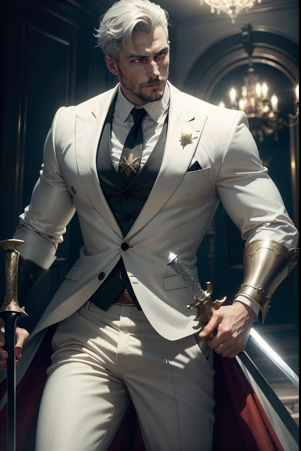 (Best quality,8K,Masterpiece:1.2),Ultra-detailed,Rich animated detail scenes,Gentleman Knight,Double knife,A man in white pants holds a sword and a sword,fighting game character