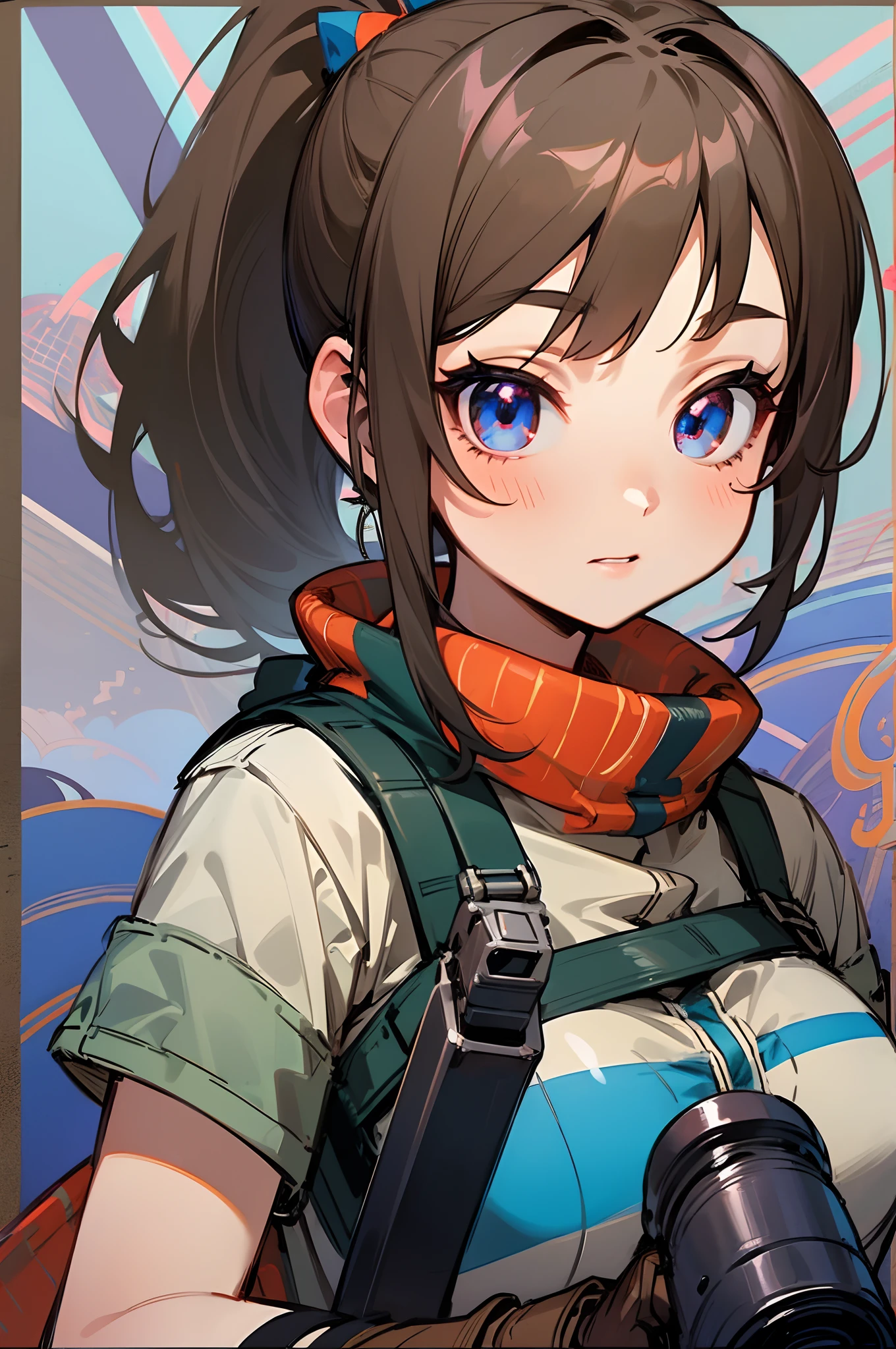 (hand on bazooka,high quality, detailed girl,ponytail,hair:black,eyes:brown,blue gloves)