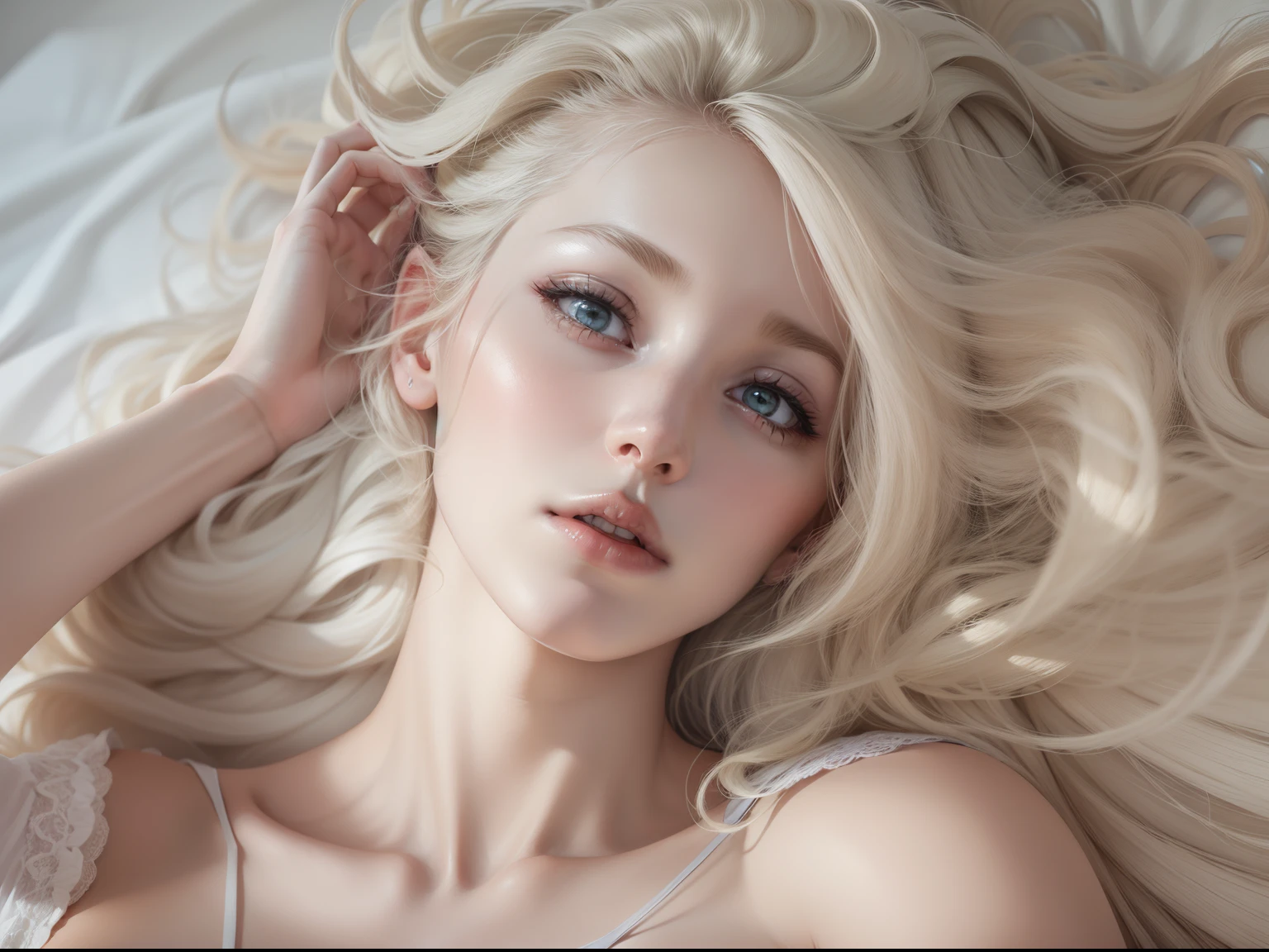 White blonde woman lying on bed，Head up，The figure is convex，Put your hands behind you，long whitr hair，Fair and moisturized skin，Side lens，bust，Contre-Jour