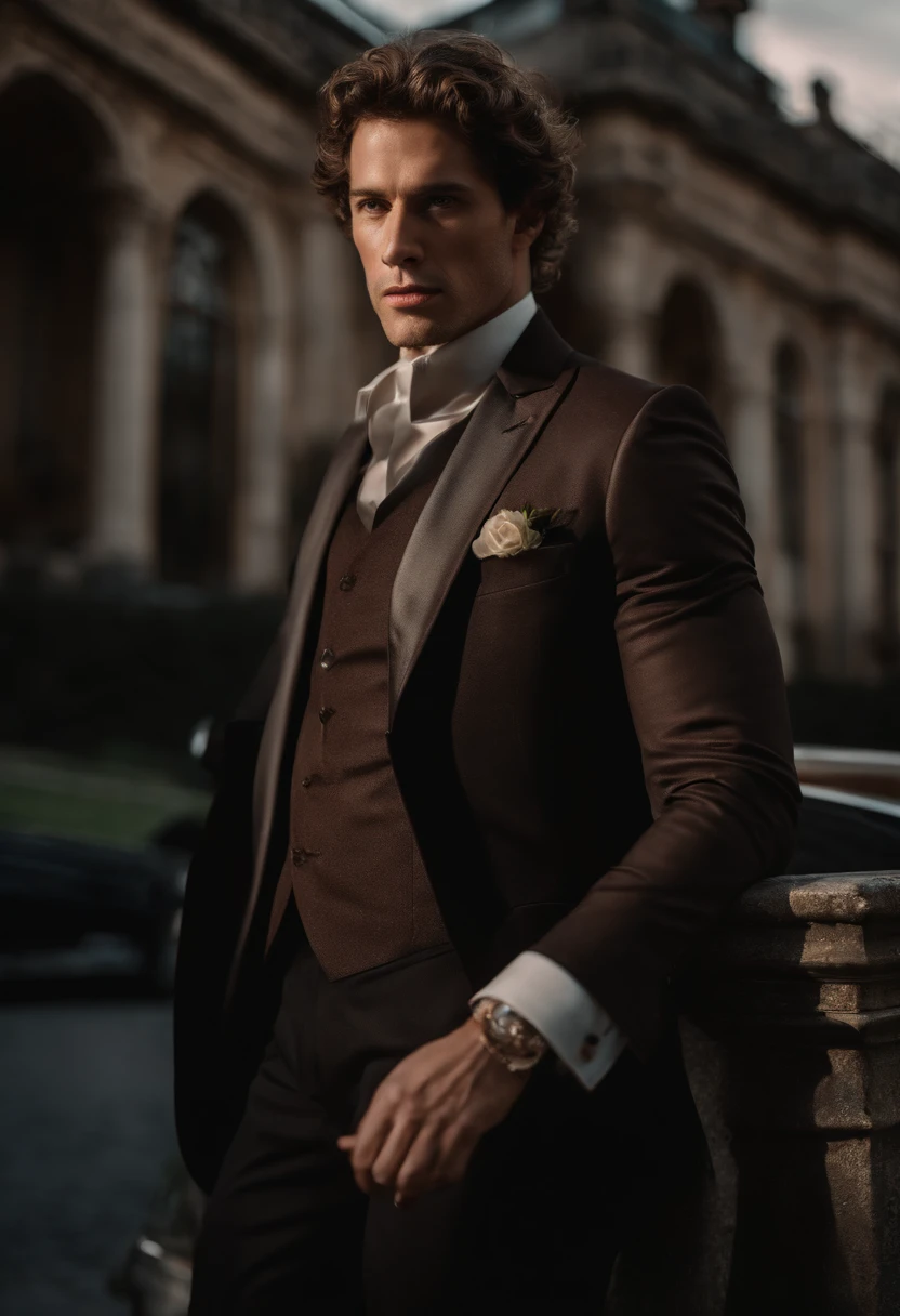 corps entier, wide-angle photo close-up portrait of the body of a handsome man , Grand et en forme, (40 ans:1.1), (shaven:1.2) , (curly short brown hair:1.2),(Cheveux courts:1.3). Dark brown tight velvet suit, (La veste a des motifs de fleurs noires:1.2). (posing outside the mansion with a luxury car:1.1), crowded street with cafes in the distance, Cold and dark sunset at dusk, (Edge Light:1.1),(Concentrez-vous sur les yeux), (angry look), (hard light on the skin:1.2), (ombres dures, dark themed, Contraste profond:1.1), (photographie de portrait par Annie Liebovitz), Dark mint theme and choral aesthetics, (skin imperfections)