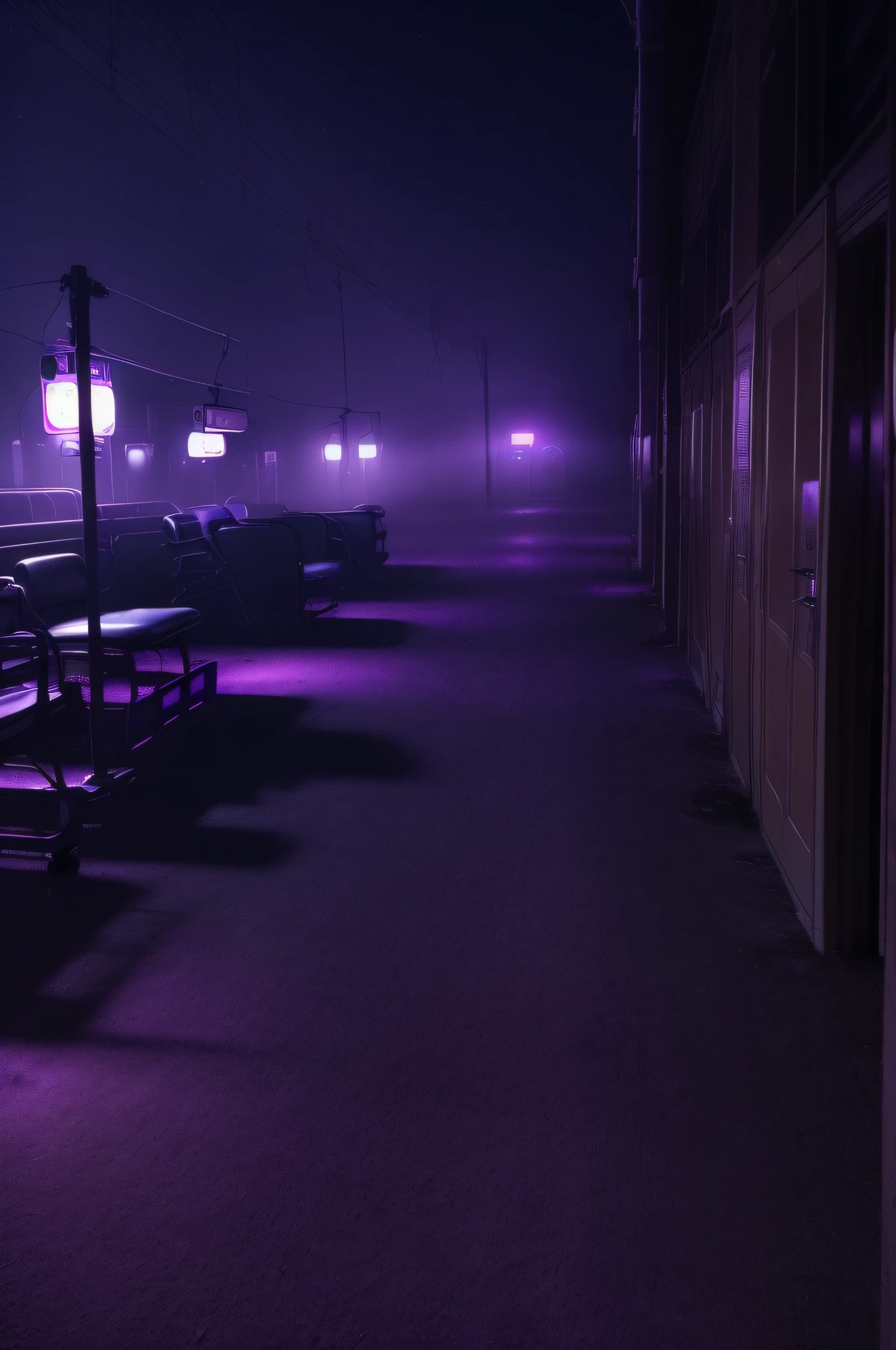 (mid night、deep in the night)、(Nostalgic but worrisome photos、Images in a dream)、((unmanned、There are no people))、((In the hospital、Examination table、purple lights、faint fog))、((Particle、Grainy photo、Film Touch、color photograph、colourfull、wide angles、wide-angle lens))、