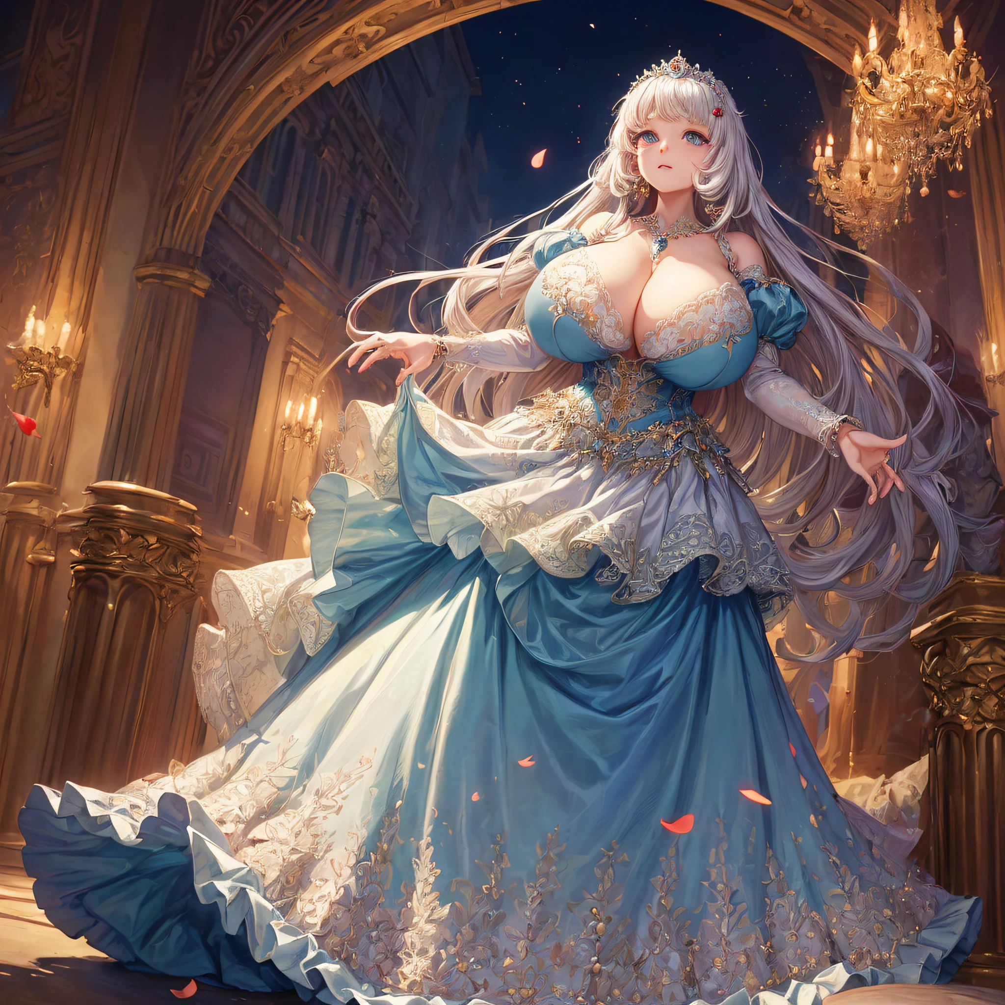(masterpiece, best quality,extremely detailed:1.1),(moe anime art style:1.2),1girl,full body, ((solo)), cute, kawaii,digital art,((1 bling-bling anime princess wearing beautiful embroidery and jeweled ruffled gorgeous princess ballgown with voluminous full length hoop skirt)),((crinoline)),long train,voluminous frills,(gorgeous embroidery and beautiful lace),(((very gigantic boobs,skindentation))),cleavage,shiny hair,(((very long straight hair))),((finely detailed face and eyes)),clear pupil,extremely gorgeousfull hair ornament,(bling-bling jeweled extremely gorgeousfull tiara),(bling-bling gorgeous gemstone jewelry),long veil,(beautiful background,fantasy),flowers,flower petals flowing,full body,looking away,((beautiful embroidery and jeweled ruffled gorgeous princess ballgown with voluminous full length hoop skirt))