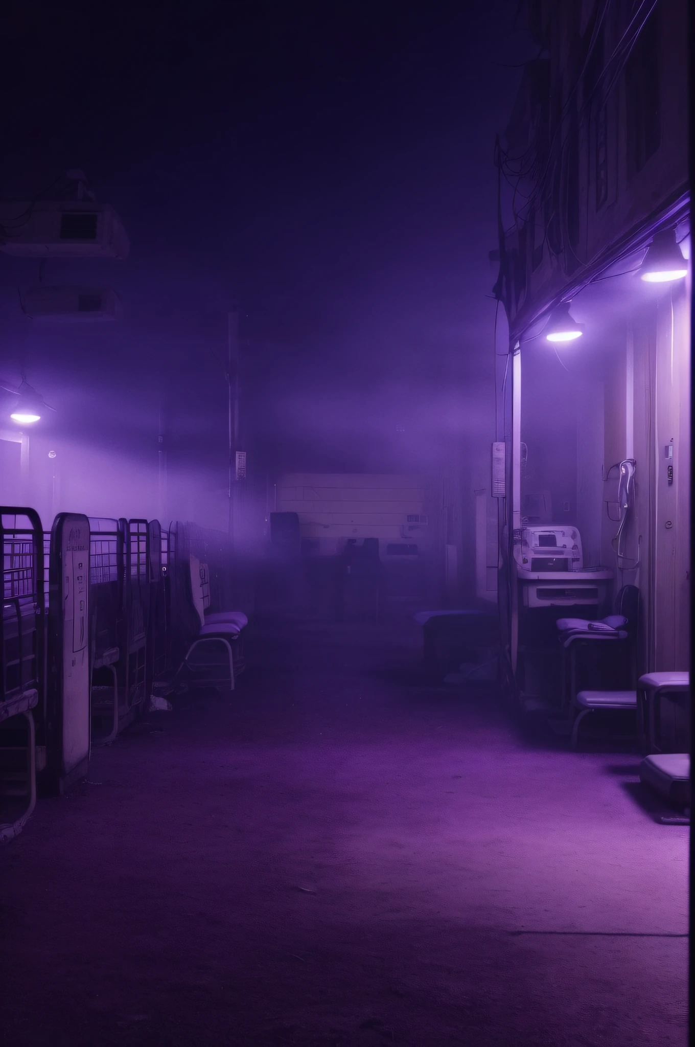 (mid night、deep in the night)、(Nostalgic but worrisome photos、Images in a dream)、((unmanned、There are no people))、((In the hospital、Examination table、purple lights、faint fog))、((Particle、Grainy photo、Film Touch、color photograph、colourfull、wide angles、wide-angle lens))、