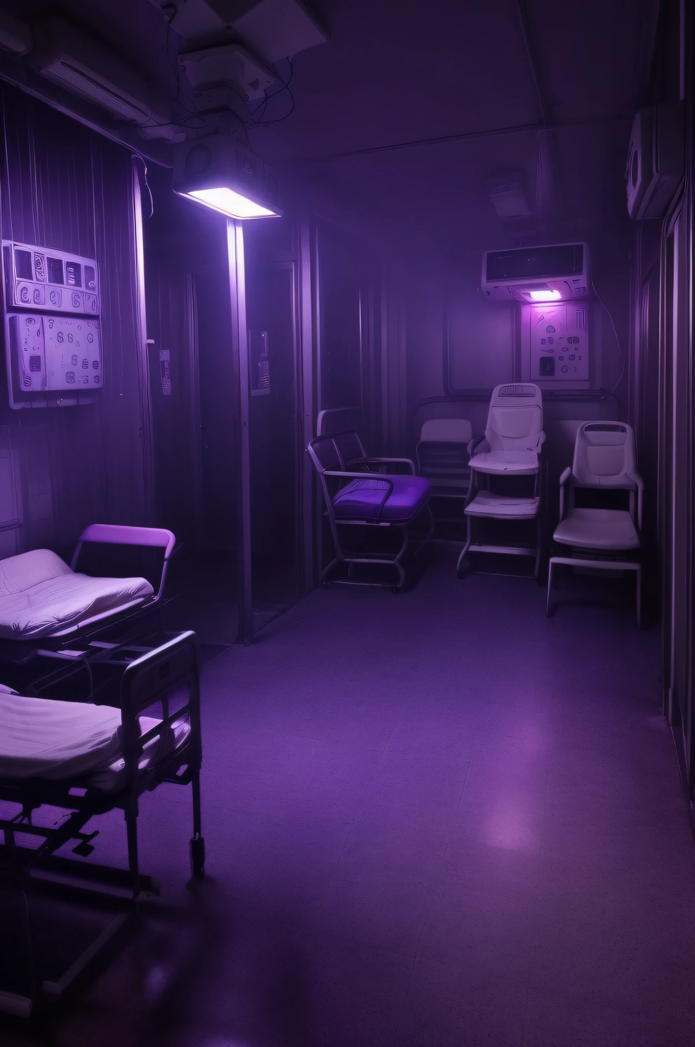 (mid night、deep in the night)、(Nostalgic but worrisome photos、Images in a dream)、((unmanned、There are no people))、((In the hospital、Examination table、purple lights、faint fog))、((Particle、Grainy photo、Film Touch、color photograph、colourfull、wide angles、wide-angle lens))、