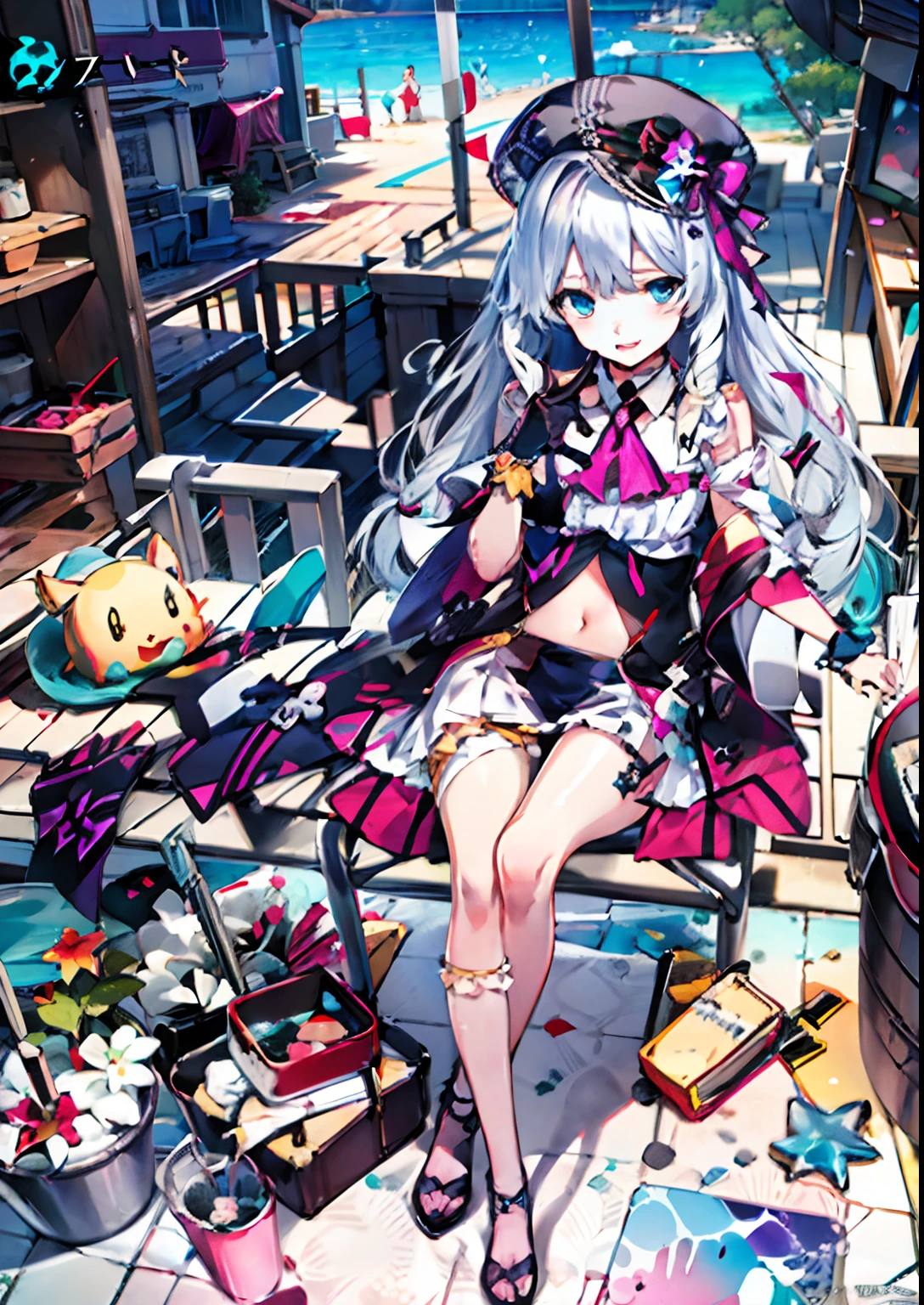 Anime girl sitting in chair，There is a glass table and vase, wallpaper anime blue water, Official artwork, Best anime 4k konachan wallpaper, anime moe art style, trending on artstation pixiv, azur lane style, By Yuumei, high detailed official artwork, offcial art, A scene from the《azur lane》videogame, Pixiv style, Azure Ocean