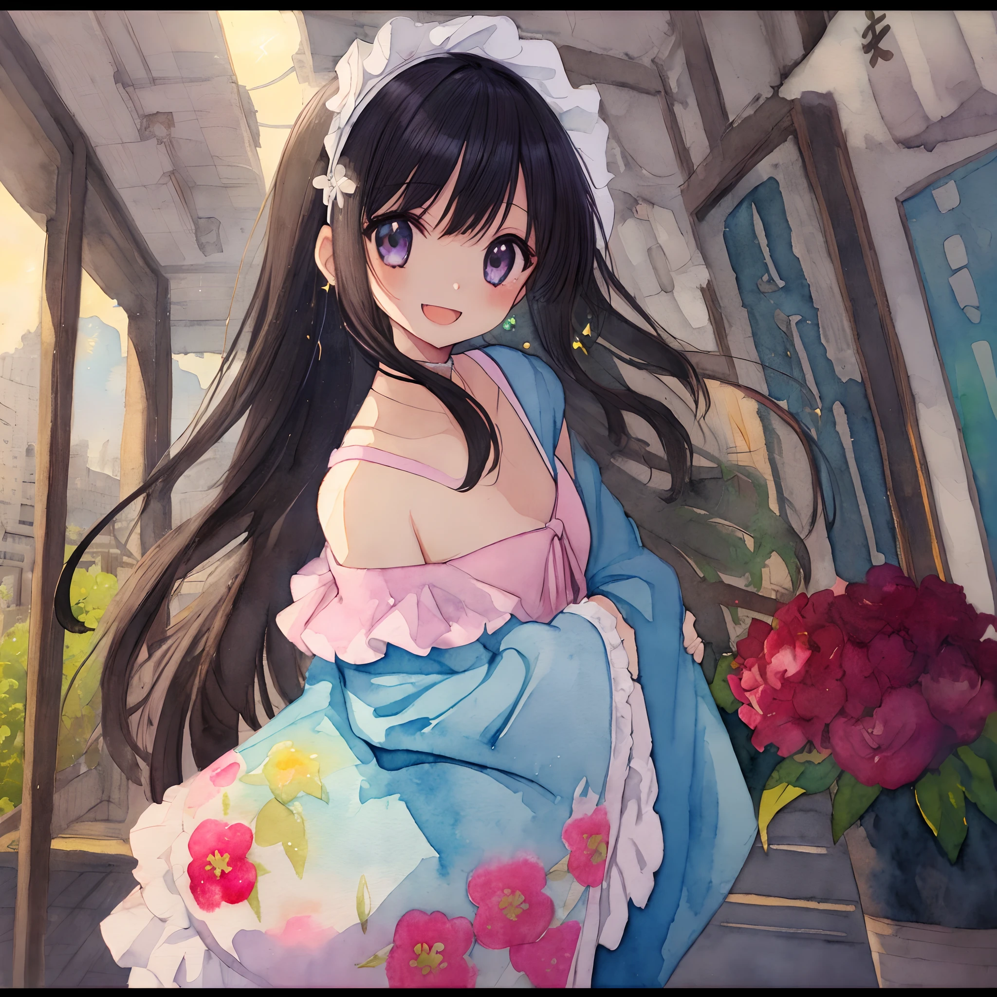 absurderes, hight resolution, (Anime style:1.1), ((masutepiece)), ((Best Quality)), (Ultra-detailed), (Beautiful), (1girl in:1.3)、(独奏), Beautiful face、(liftup),Cute little girl standing on super detailed beautiful mediterranean cityscape,Wind,pale black hair, Black eye,Casual clothing,Blue sky,Laugh,Looking at Viewer,Lens Flare,Dramatic,(low angles:1.2)、A smile、Opening Mouth、Glitter、(watercolor paiting:1.2)