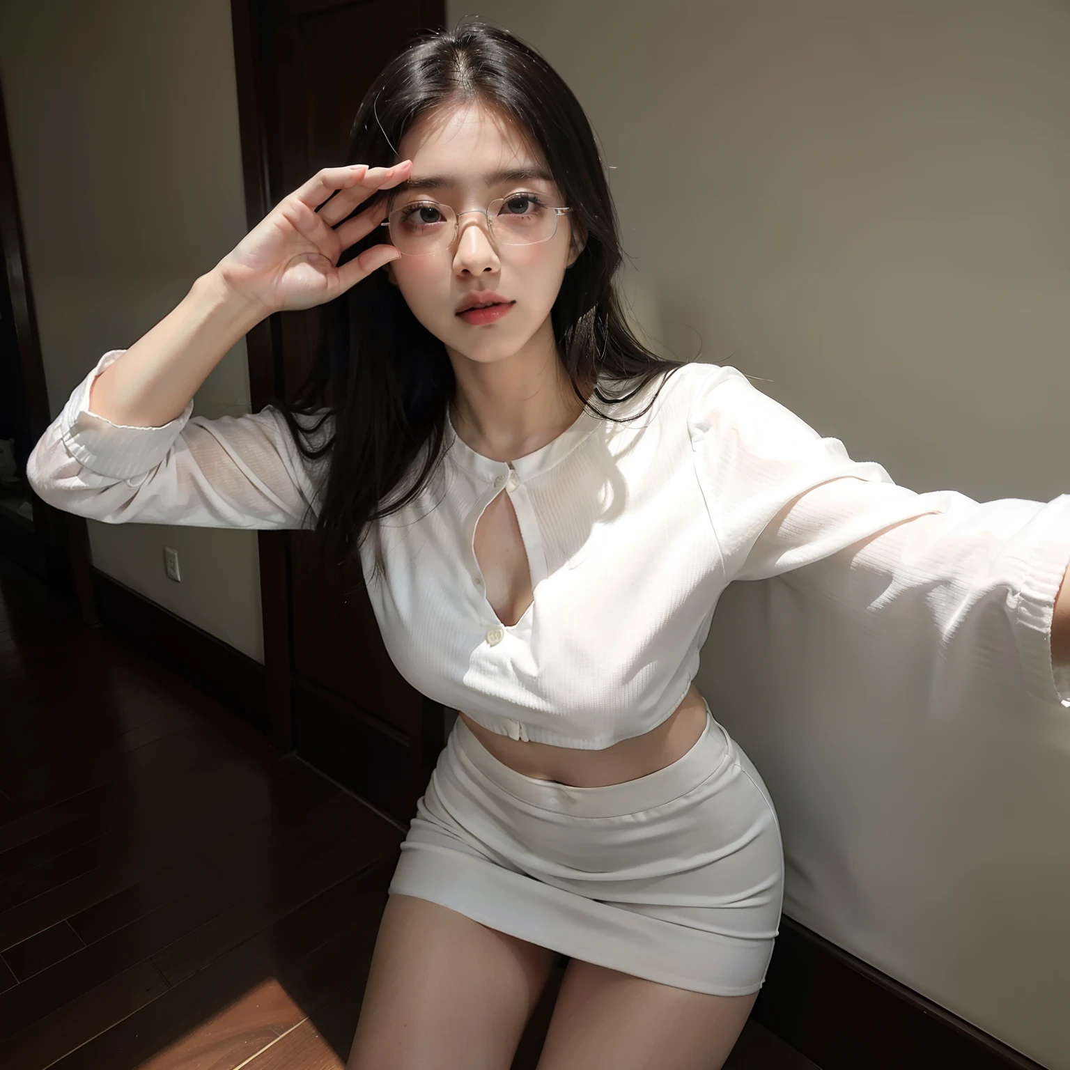 (8K、RAW Photos、top-quality、masterpiece:1.2)、(realisitic、Photorealsitic:1.37)、女の子1人、No eyes、japanes、selfee、Selfie、sixteen years old、femele、Home、natta、small tit、Too many lashes、drooing eyes、Lame on the eyelids、working adults、real face、eye glass、pubick hair、crotch open、Officelady、Tight skirt、White blouses、Underwear is visible