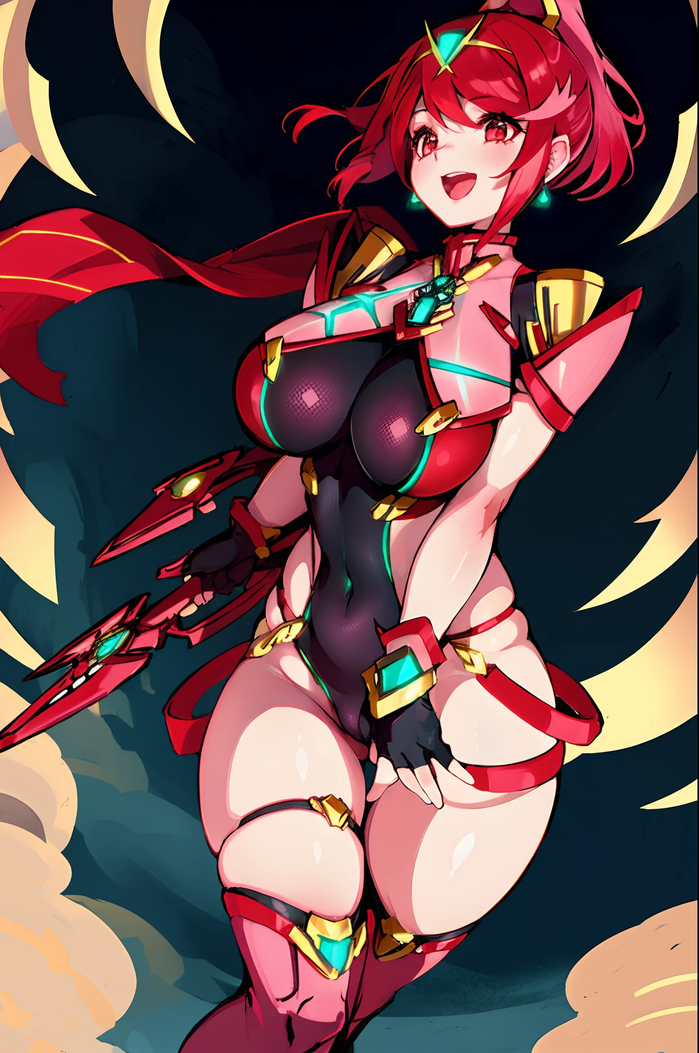 pyra \(xenoblade\), _1girl, lolings, black gloves, breasts, red eyes, shout, earrings, eyelashes, fingerless gloves, floating hair, , gem, gloves, hair ornament, headpiece, jewelry, big_breasts, leaning back, swimsuit, neon trim, official art, pose, red hair, saitou masatsugu, short hair, sidelocks, skin tight, solo, swept bangs, thighhighs, tiara, fantasy_town_background, underbust, xenoblade chronicles \(series\), (xenoblade chronicles 2), (spread_legs:1.1), fire_effect,dynamic_pose,fighting,light_smile, (plump:1.1), big_ass,huge_sword, hold_large_sword_hilt, covered_nipples, covered_pussy, fists,ponytail,beautiful_fingers,(solo:1.1), bare_shoulder,(shoulder_naked:1.2)