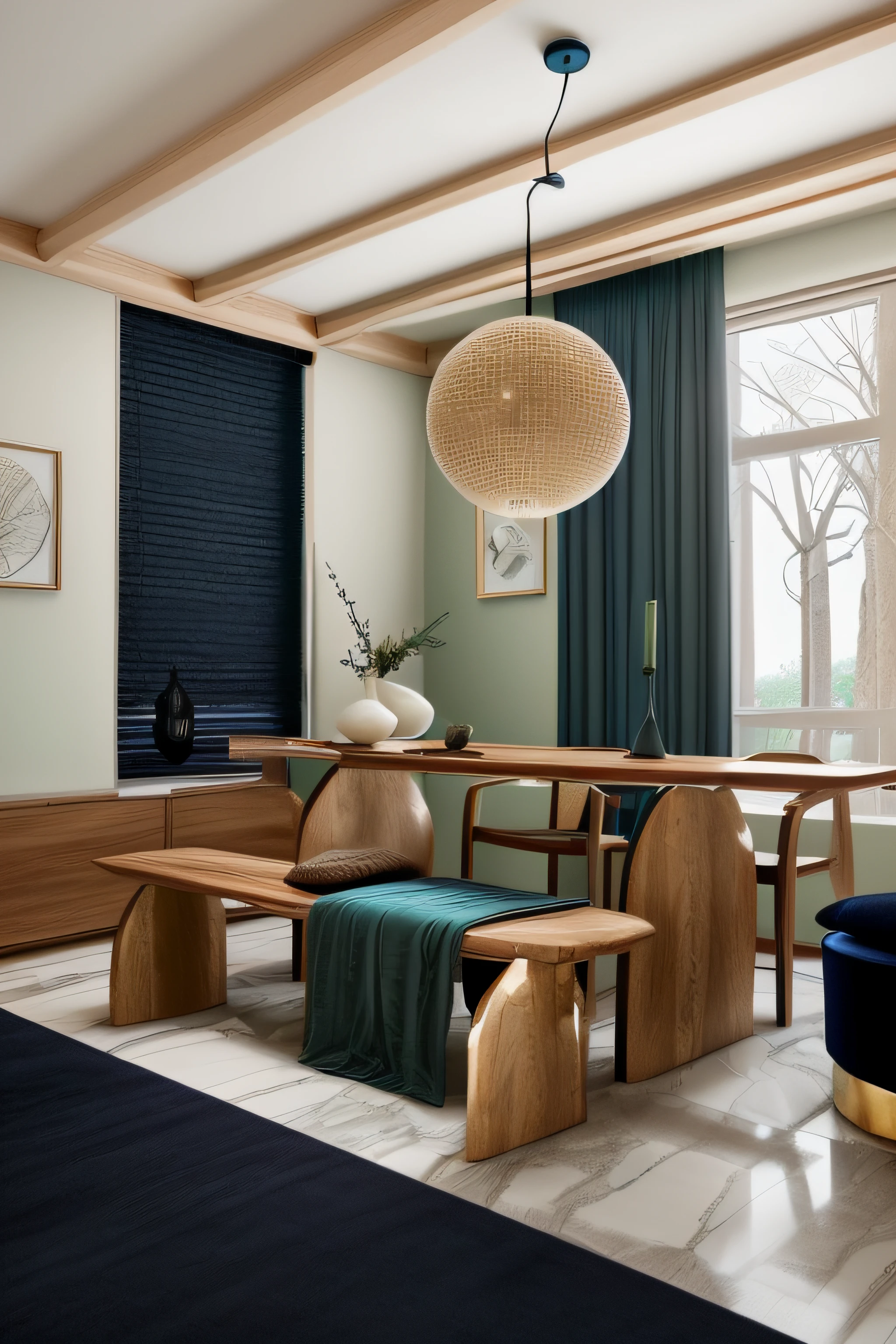 RAW photo, interior classic style, (high detailed skin:1.2), 8k uhd, dslr, (natural light:1.2), high qualityPlease generate a detailed and unique image of the living room in a Japandi-style apartment. The room should embody the essence of Japandi with warm and bright natural wood tones, emphasizing the wood's beautiful grain patterns. The floor should consist of opulent tiles or luxurious marble cladding with elegant cloud-like patterns. Incorporate both modern LED lighting and a contemporary chandelier to create a well-lit space. The sofa, ideally in a refined textile, should complement the interior furnishings. Choose modern, sleek curtains in a sophisticated shade of navy blue to create a contemporary contrast. Ensure that the room is flooded with authentic and crisp natural light, enhancing the colors and textures of the interior elements. To introduce a unique twist, incorporate a monochromatic wood paneling that spans the walls. Decorative elements in pastel blue, moss green, deep plum, and other standout colors should be strategically placed throughout the room. Please ensure that the room radiates an atmosphere of Japandi harmony, sophistication, and creativity, where the interplay of natural light, wood textures, and unique color accents creates a stunning representation of the Japandi apartment living room