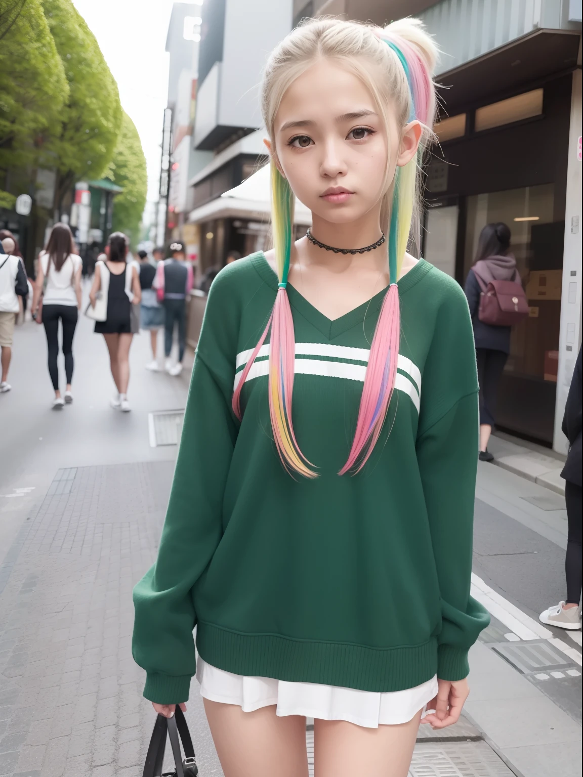 a 18 year old girl,masutepiece , Best Quality,Nahida(GenshinImpact) ,1girl in , tiny chest,Long hair ,Side Ponytail, Hair Ornament , White hair , Green hair , hand behind head:1.5,multicolored hair, elf , pointy ear , School summer clothes , Wearing a miniskirt ,Harajuku , Street,looking at the viewers