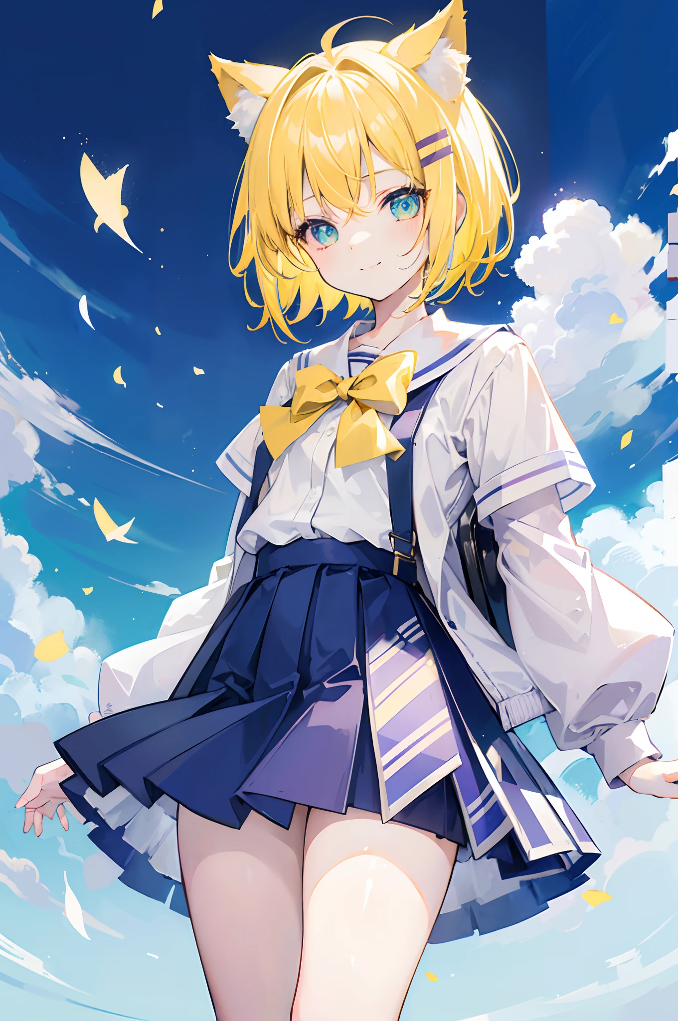 1 girl, pastel colours, yellow hair strokes, Cyan eyes, Short Hair Hair, small cat ears, School clothes, high school uniform, short skirt, A lot of hairpins on the hair, Shoulders open, Hands open, skinny waist, Happy smile, little chest, small girl, transparent background, white background, No background