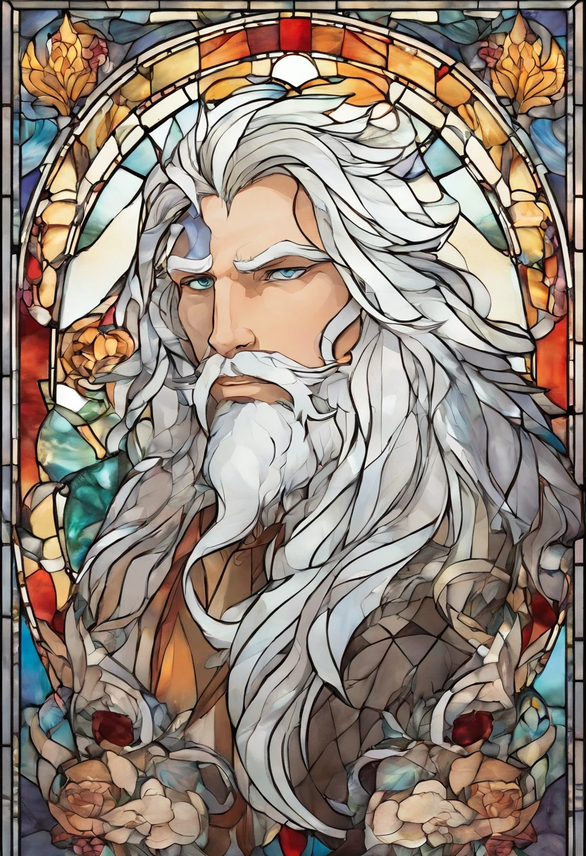 male with wolf ears and a wolf tail, long white hair with flowing long locks, has light beard, shirtless, wearing fingerless gloves, wearing worn jeans, is sweaty