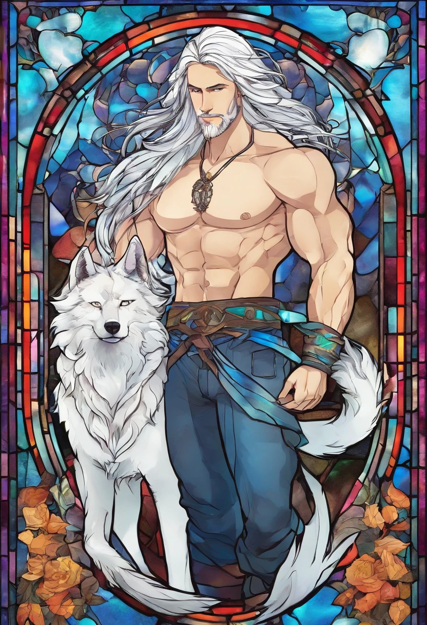 male with wolf ears and a wolf tail, long white hair with flowing long locks, has light beard, shirtless, wearing fingerless gloves, wearing worn jeans, is sweaty