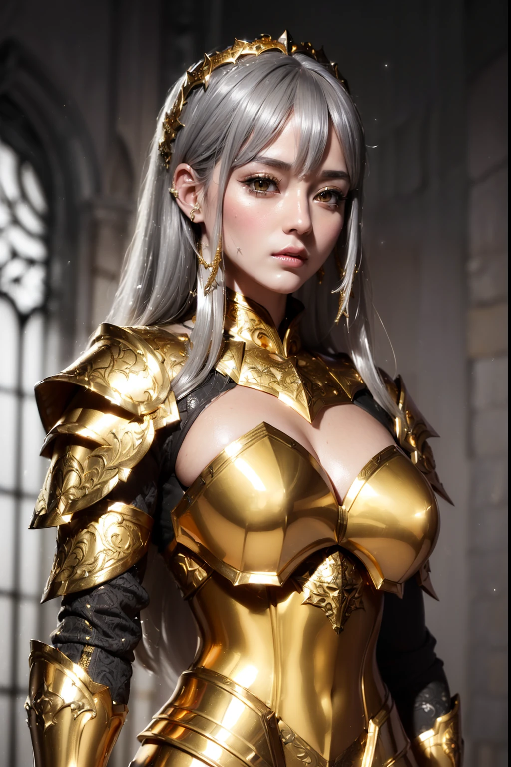 (masterpiece), best quality, (((in hyper realistic and detailed fantasy gray and golden armor, aethereal aesthetic style))) beauty korean idoll, intricate perfect beauty face, detailed sharp expressive eyes, hyper realistic and detailed white hair, (((from face to the waist))), (((beauty slim shape))), 4k, UHD
