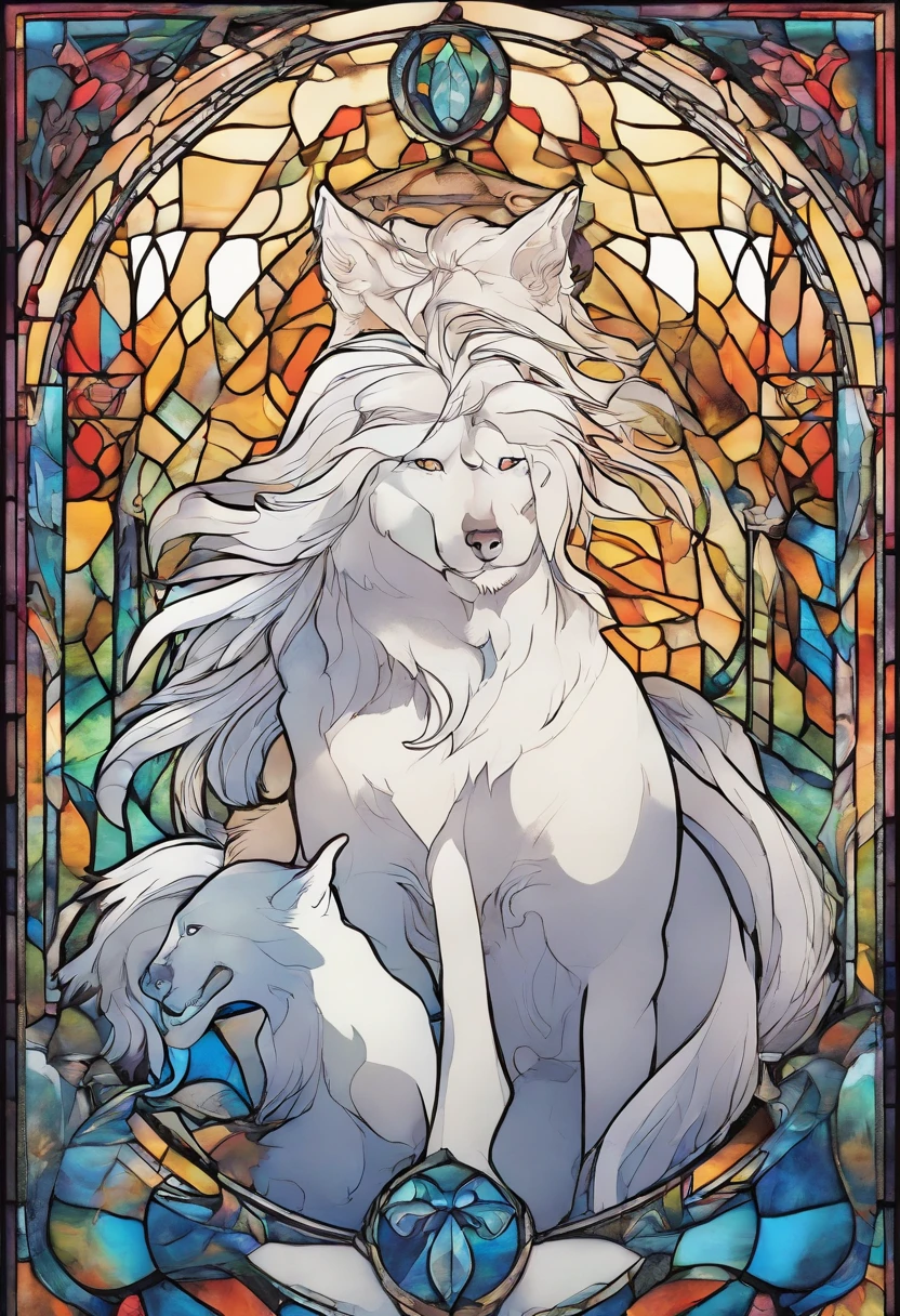 male with wolf ears and a wolf tail, long white hair with flowing long locks, has light beard, shirtless, wearing fingerless gloves, wearing worn jeans, is sweaty