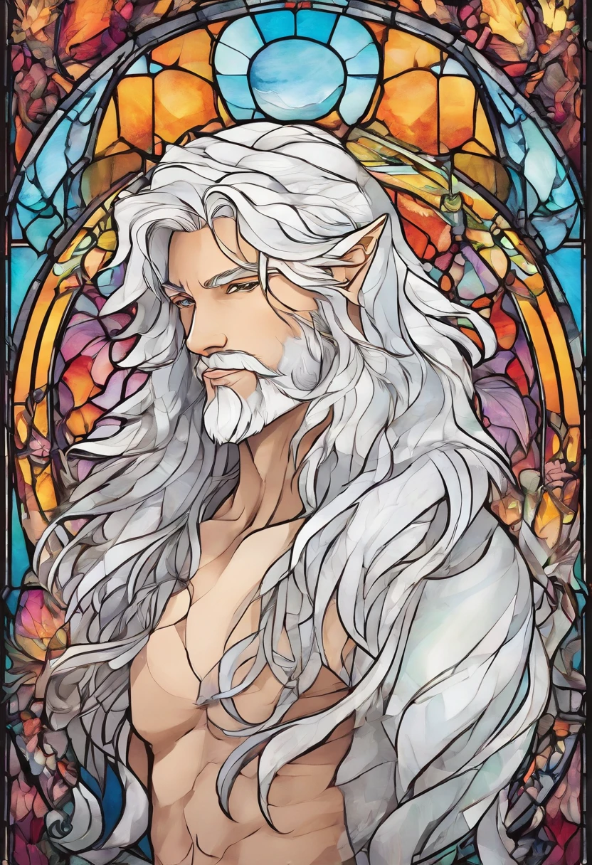male with wolf ears and a wolf tail, long white hair with flowing long locks, has light beard, shirtless, wearing fingerless gloves, wearing worn jeans, is sweaty