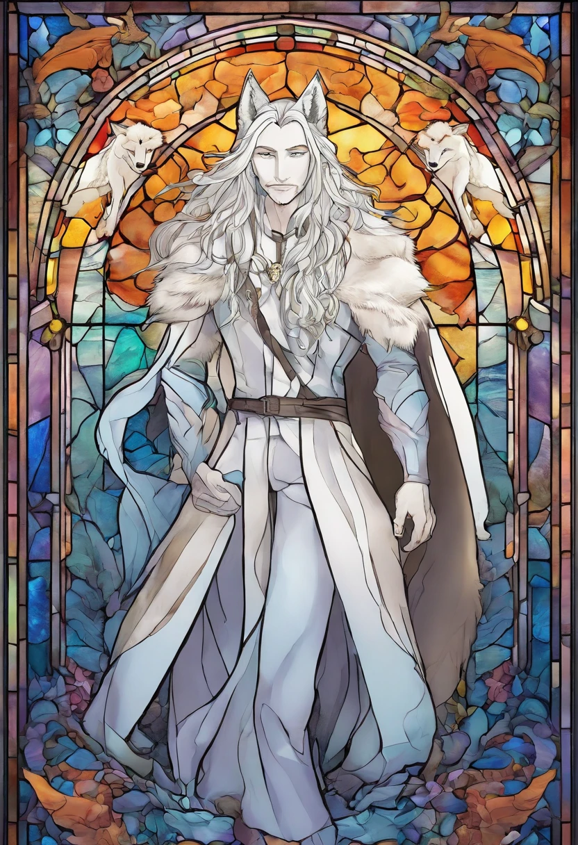 male with wolf ears and a wolf tail, long white hair with flowing long locks, has light beard, shirtless, wearing fingerless gloves, wearing worn jeans, is sweaty