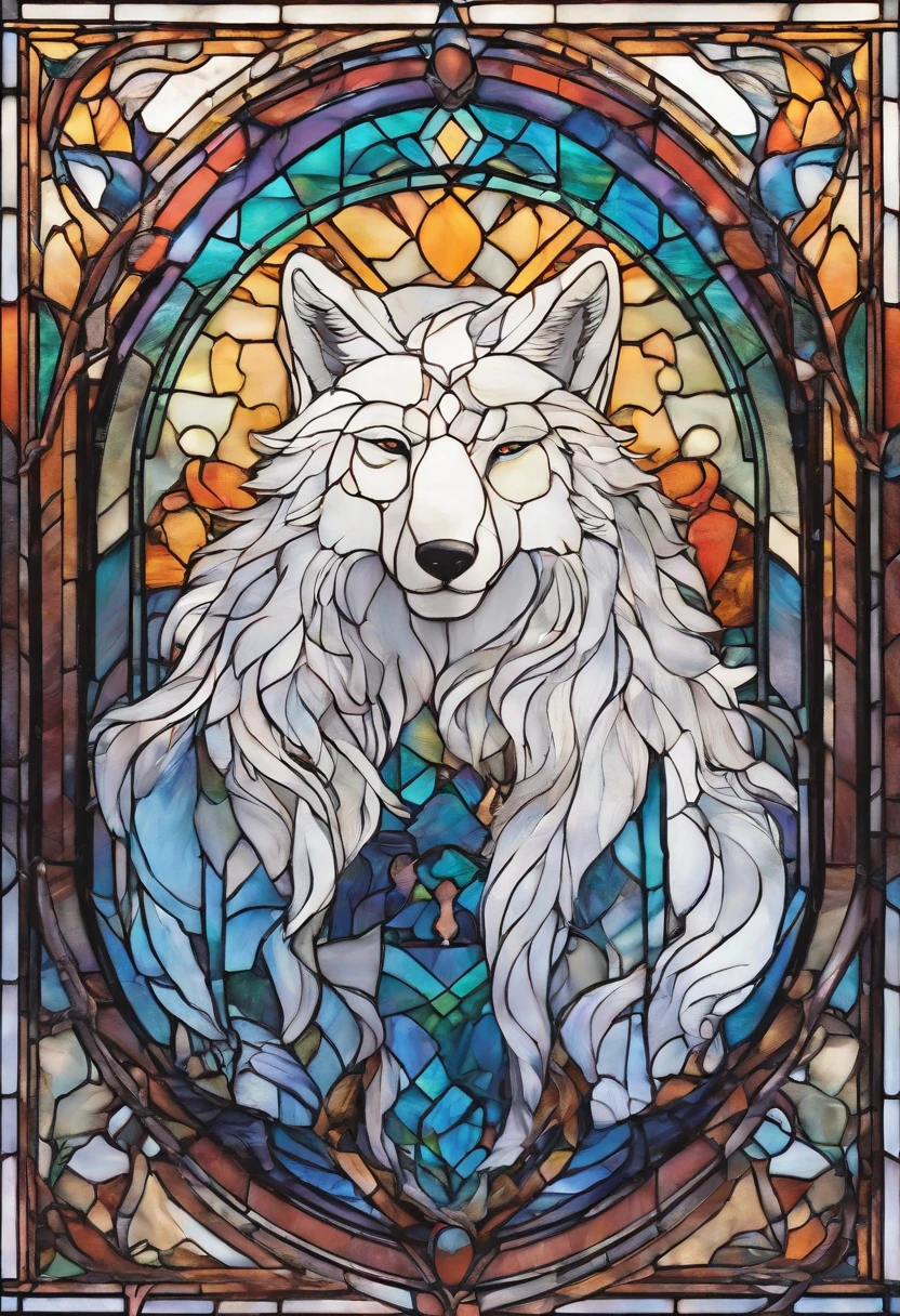 male with wolf ears and a wolf tail, long white hair with flowing long locks, has light beard, shirtless, wearing fingerless gloves, wearing worn jeans, is sweaty