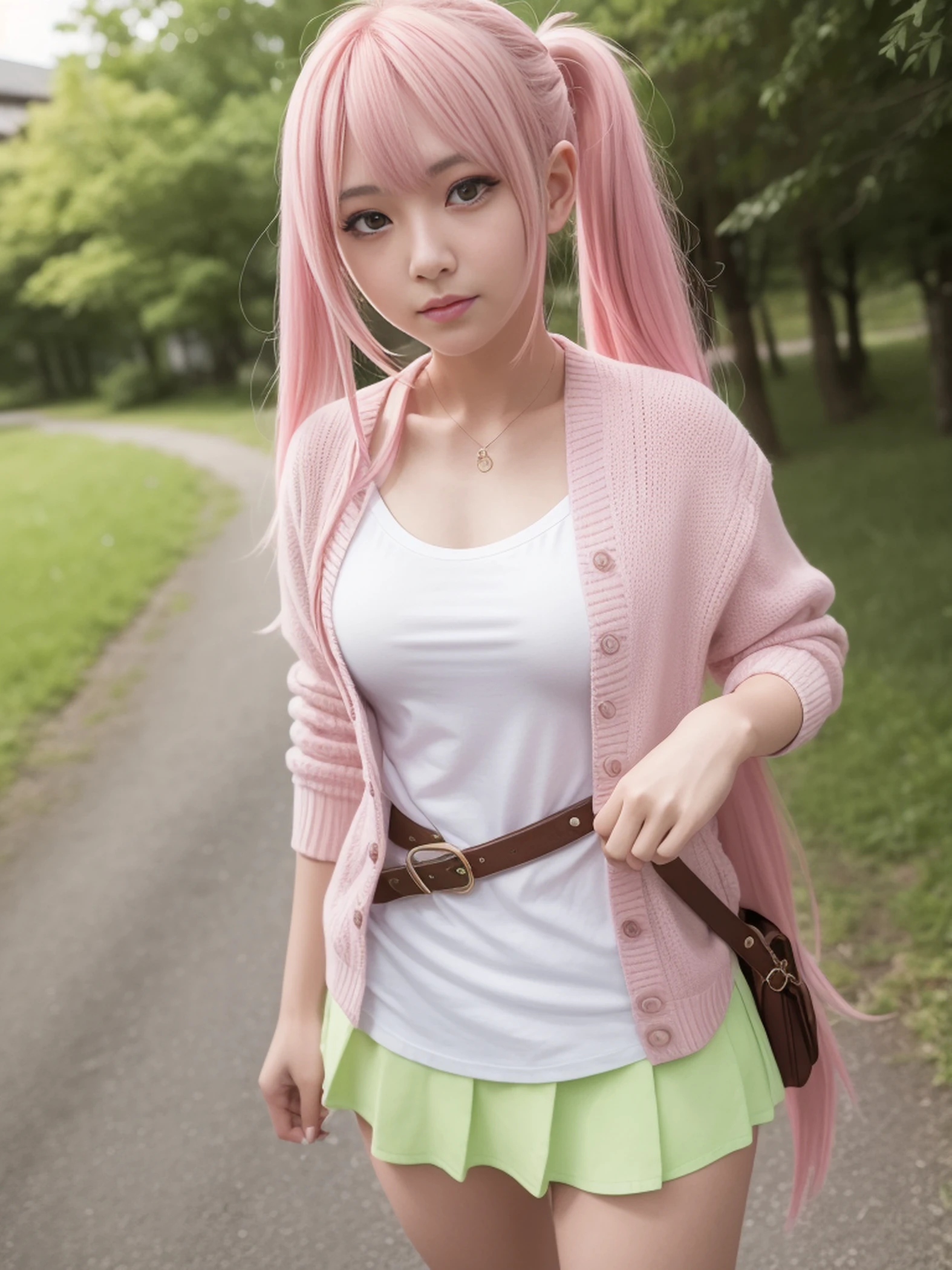 Anime girl with pink hair and sword in hand, Happy!!!, cunning expression, roguish smirk, anime moe art style, closeup Iwakura Lain, oppai, ahegao face, Ecchi anime style, reisen udongein inaba, Ahegao, yuyushiki, Misato Katsuragi, a 18 year old girl,masutepiece , Best Quality,Nahida(GenshinImpact) ,1girl in , tiny chest,Long hair ,Side Ponytail, Hair Ornament , White hair , Green hair , hand behind head:1.5,multicolored hair, elf , pointy ear , School summer clothes , Wearing a miniskirt ,Cardigan,mountain road , Street,looking at the viewers