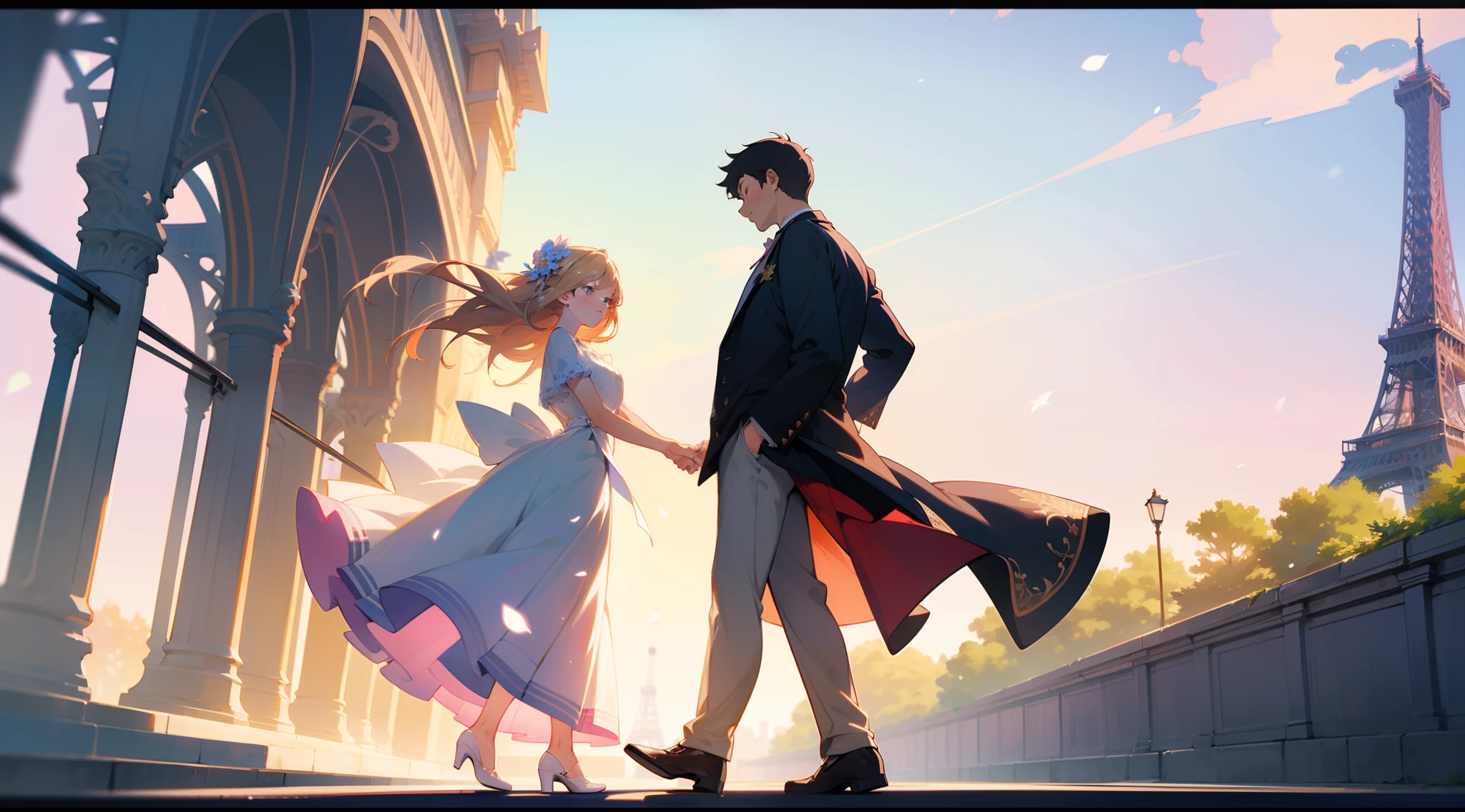 A beautiful couple is walking in a typical French street with the Eiffel tower in the background, elegant summer clothes, clear sunny day, high resolution, high definition, intricate details, dynamic composition, pastel colors, panoramic view, full body shot, soft lighting, bokeh, anime style