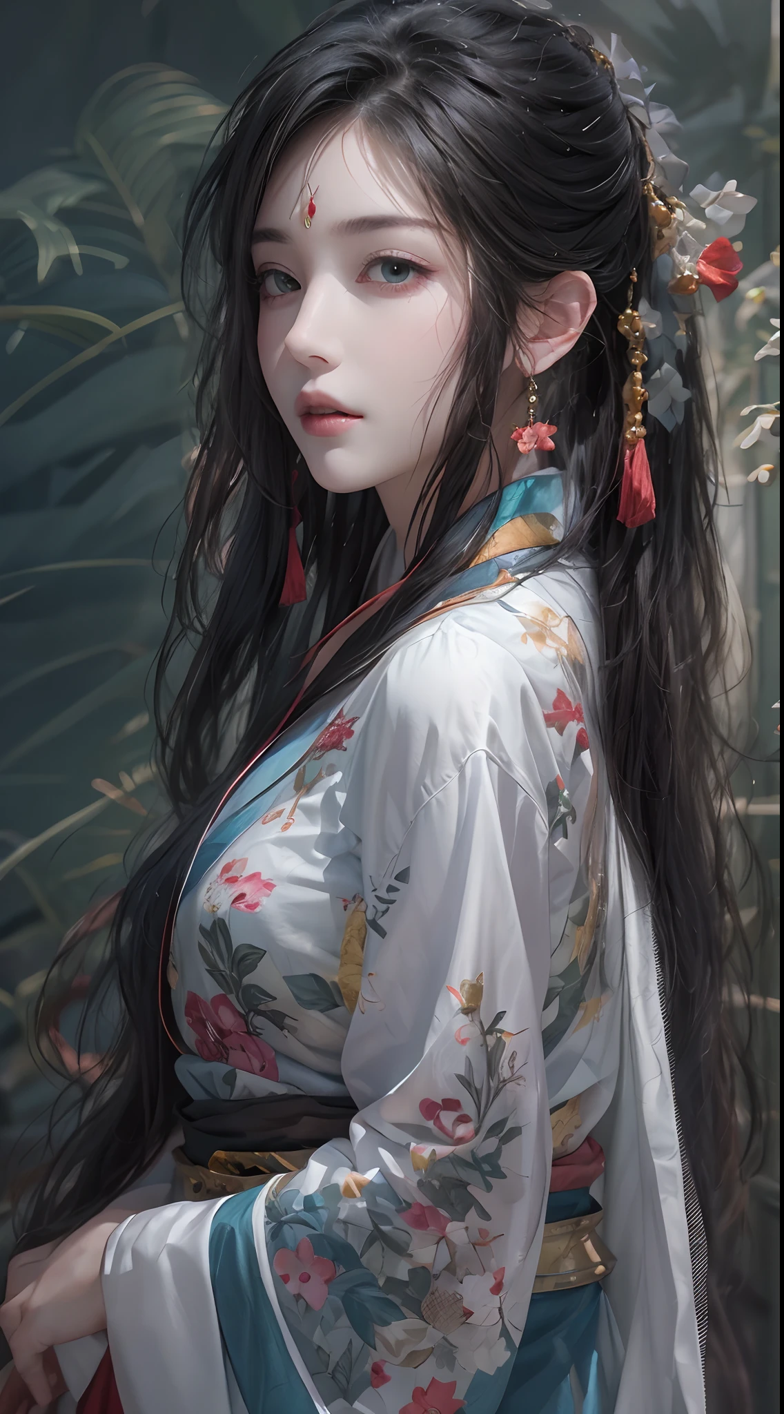 Photorealistic, high resolution, 1 woman, hips up, Beautiful eyes, Long hair, ringed eyes, jewelry, tattoo, hanfu, Chinese fairy, back view