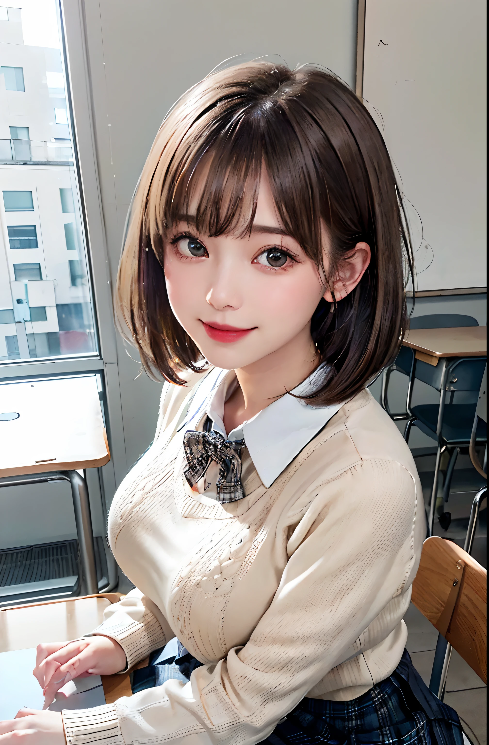 (Ram-chanユニフォーム、Ram-chanコスチューム、Ram-chanコスプレ、Ram-chan装束、Ram-chan衣装、Urusei Yatsura、Ram-chan)、A girl sitting at a school desk、Medium breast、Bob Hair、masterpiece:1.3、Raw photo、Highest quality、Highest quality、Detailed image quality、Detailed Background、Inside the school building