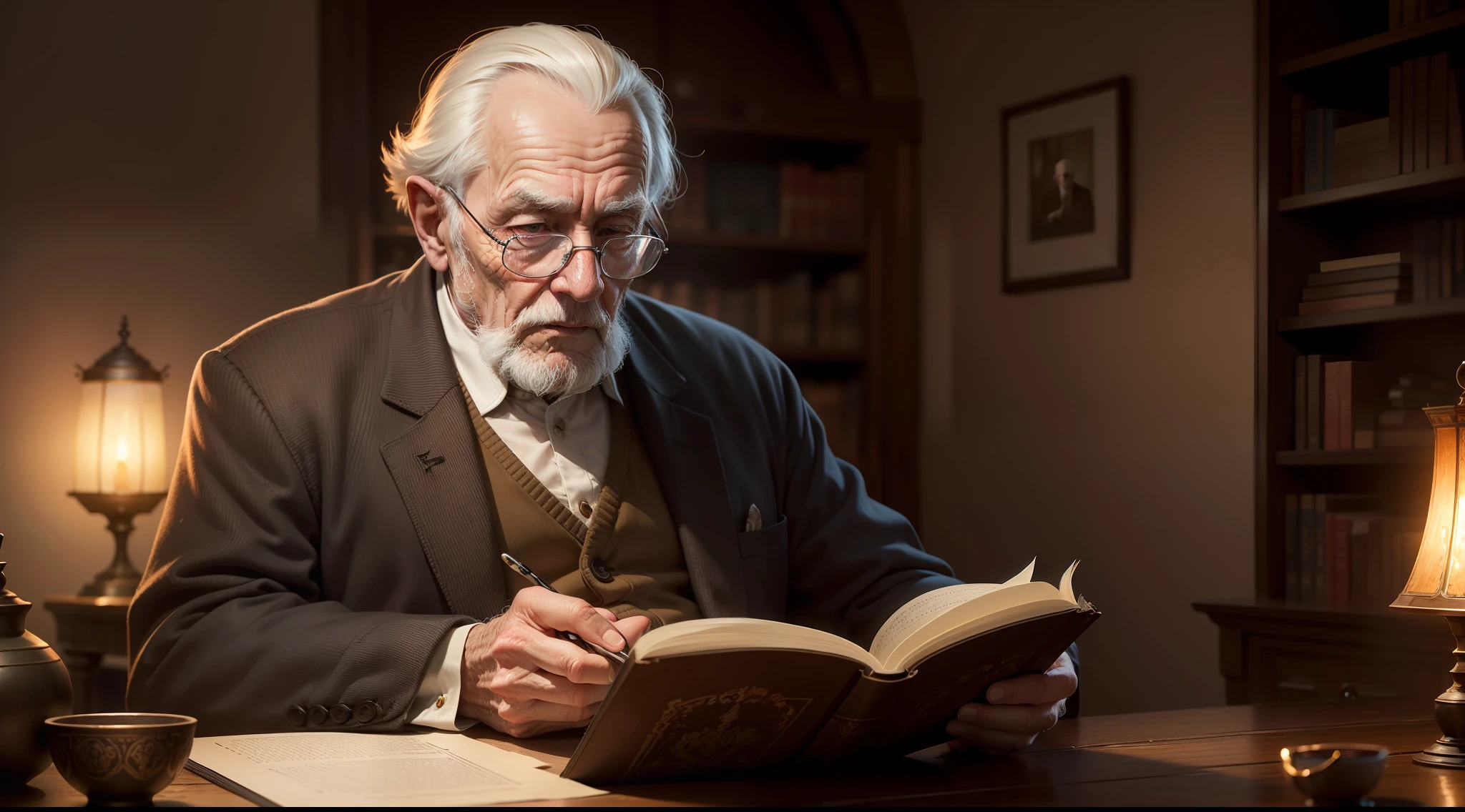 an old man reading an old book, twilight light, warm atmosphere, cultured atmosphere, (masterpiece) (perfect proportion) (photo realistic) (best quality) (detailed) (8k) (HDR) (wallpaper) (cinematic lighting) (sharp focus) (intricate)