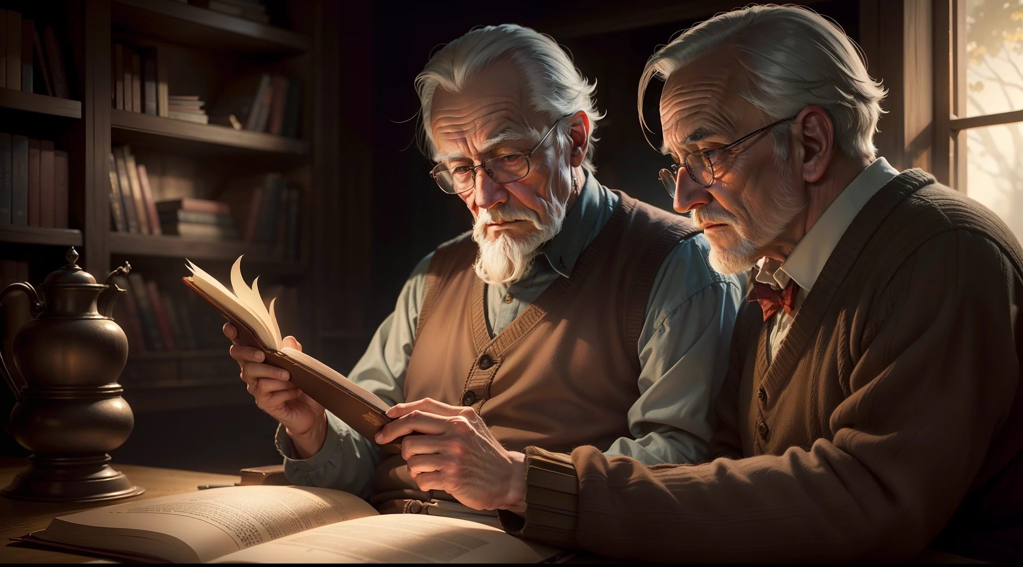 an old man reading an old book, twilight light, warm atmosphere, cultured atmosphere, (masterpiece) (perfect proportion) (photo realistic) (best quality) (detailed) (8k) (HDR) (wallpaper) (cinematic lighting) (sharp focus) (intricate)