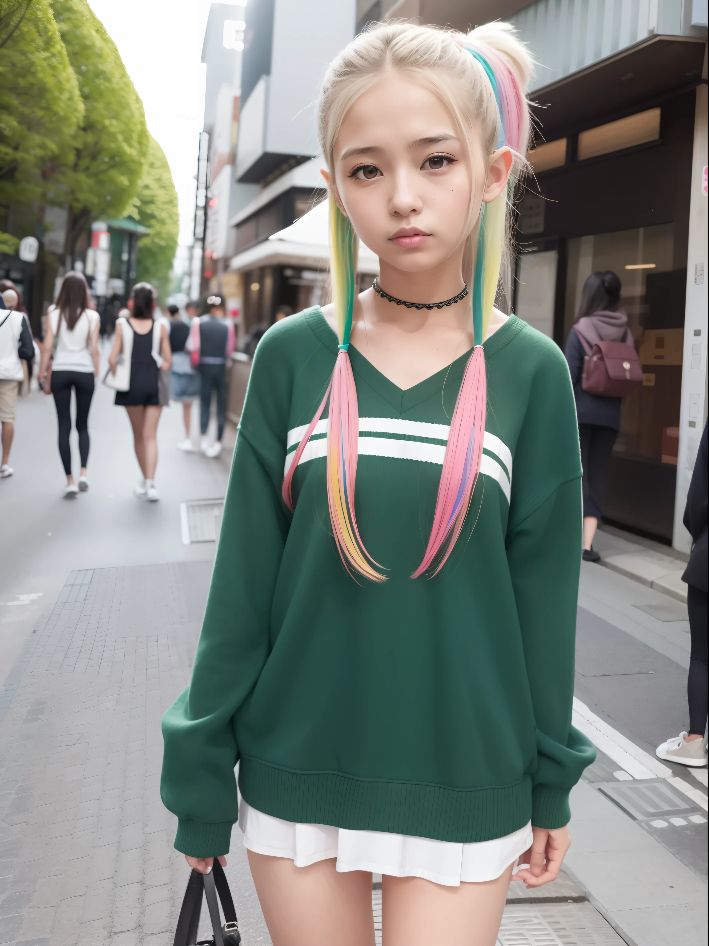 a 18 year old girl,masutepiece , Best Quality,Nahida(GenshinImpact) ,1girl in , tiny chest,Long hair ,Side Ponytail, Hair Ornament , White hair , Green hair , hand behind head:1.5,multicolored hair, elf , pointy ear , School summer clothes , Wearing a miniskirt ,Harajuku , Street,looking at the viewers
