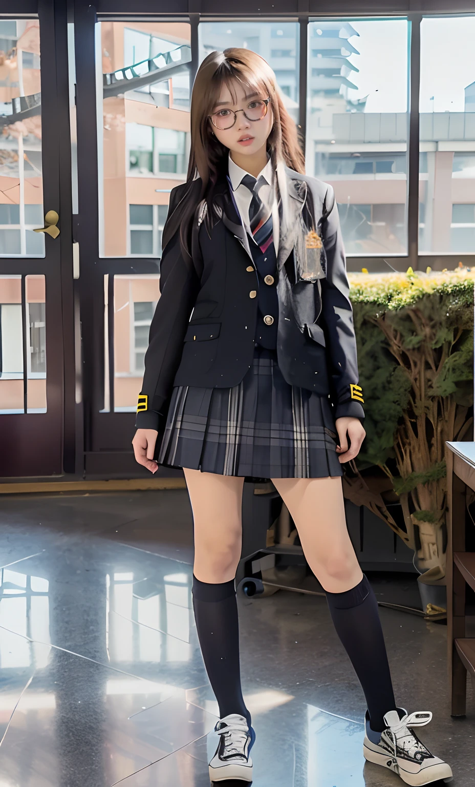 Super fine、8k、muste piece、(RAW photo:1.4)、High resolution、((Composition gradually moving away from the subject))、((Full body photo from face to shoes))、((perfect anatomy:1.2))、Standing sideways、Gaze looking up at the sky、beautiful profile、1 female 14 years old、detailed skin、glowing skin、baby face、double eyelid、long eyelasheoist eyes、small face、smile、open your mouth、Neat and clean hairstyle、school hallway、stare out the window、Put your hands on the window and stretch out.、turn your body toward the window、Natural light comes in from the windows、Dreaminess、realistic school scenery、middle School girls、A blue and gray school bag slung over my shoulder、、slender and delicate body、small breasts、Blazer uniform with green lines、girls 、plaid skirt、healthy、young female teenager、black tights、black tights、detailed black knee high socks、Detailed brown loafers leather shoes、loafers、full body shot、Neat and clean hairstyle、Emphasizes the rather slender leg line