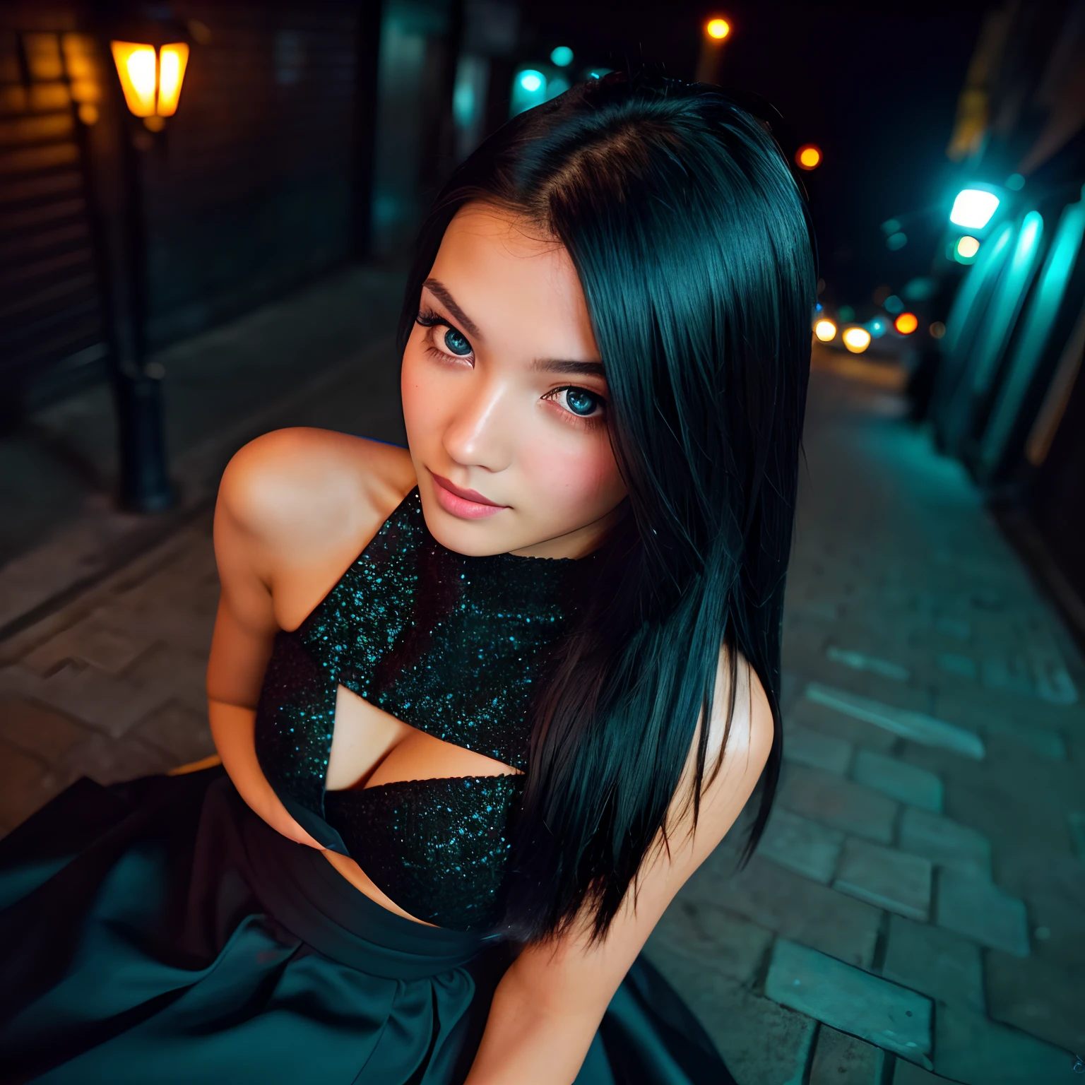 (selfie, top view: 1.4), (straight half of the body: 1.4), RAW UHD portrait photo of a 24-year-old black haired (blue-eyed woman) walking down a dark alley, large breasts,, city at night, sitting on Lamborghini (skirt), (neckline), details (textures! , hair! , glitter, color!! , disadvantages: 1.1), glossy eyes with high detail (looking at the camera), SLR lighting, SLR camera, ultra-quality, sharpness, depth of field, film grain (center), Fujifilm XT3, crystal clear, frame center, beautiful face, sharp focus, street lamp, neon lighting, bokeh (dimly lit), night, (night sky), detailed skin pores, oily skin, sunburn, complex eye details, full body, large breasts