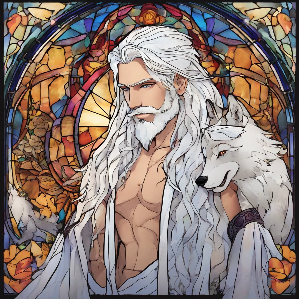 male with wolf ears and a wolf tail, long white hair with flowing long locks, has light beard, shirtless, wearing fingerless gloves, wearing worn jeans, is sweaty