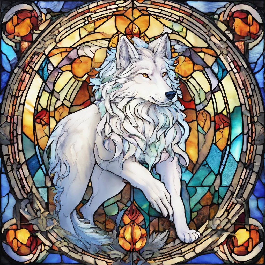 male with wolf ears and a wolf tail, long white hair with flowing long locks, has light beard, shirtless, wearing fingerless gloves, wearing worn jeans, is sweaty