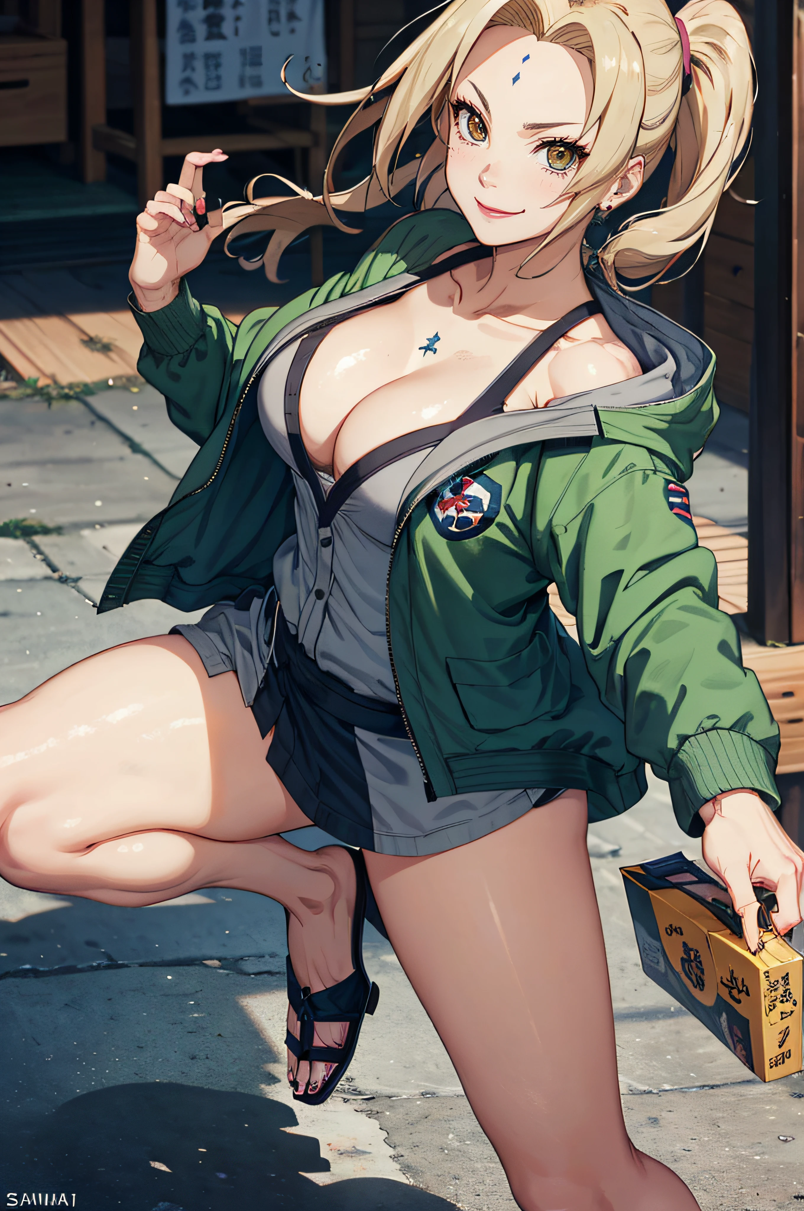 T5UN4D3, Marcas,Tsunade, ((Quimono cinza,saia cinza、 Faixa azul escura, The jacket is a green jacket))、8k, 1girl em, solo,clivagem da mama,(obra prima:1.4),(Qualidade de imagem superior:1.4),(Pele brilhante),Tsunade_senju、um sorriso、Coxas grandes、bunda grande,