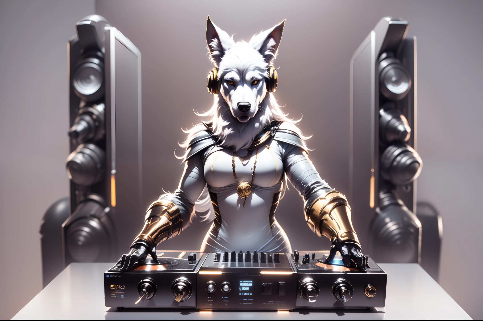 (Ultra-high detail, 16K resolution, movie footage, octane rendering), An anthropomorphic white husky, Robust body，A skinny T-shirt accentuates the figure，Wear a T-shirt,necklace gold，hands up to set the mood, hands out of the frame, wearing silver DJ headphones, shiny silver sequined T-shirt, (iconic hip-hop pop outfit :1.3), smiling as he dons the stage. Standing in front of the DJ equipment for a full body shot, the spotlight shines on the female DJ. Disco lighting realistic style photography