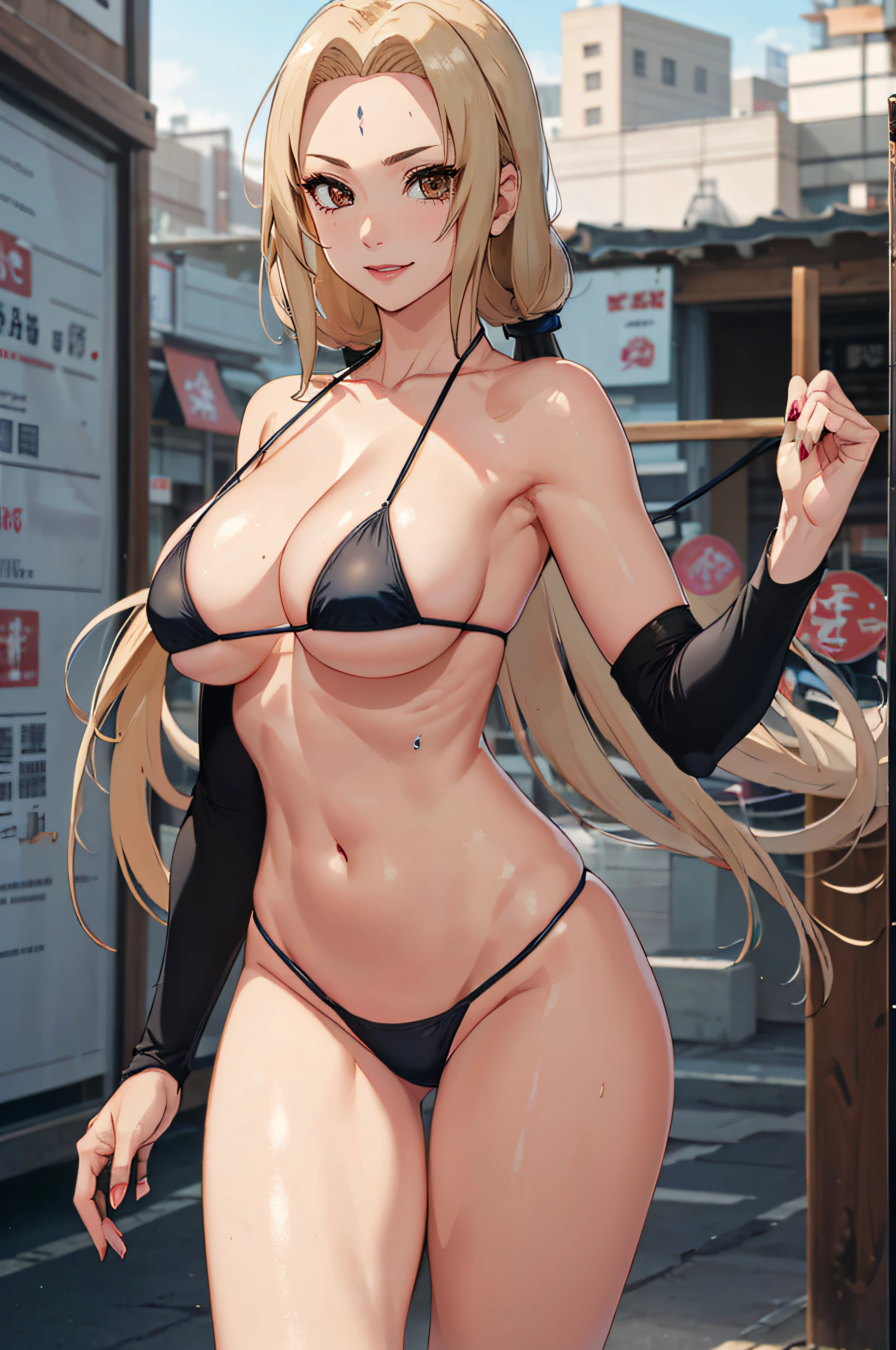 T5UN4D3, Marcas,Tsunade, (( micro bikini, sexy))、8k, 1girl em, solo,clivagem da mama,(obra prima:1.4),(Qualidade de imagem superior:1.4),(Pele brilhante),Tsunade_senju、um sorriso、Coxas grandes、bunda grande,