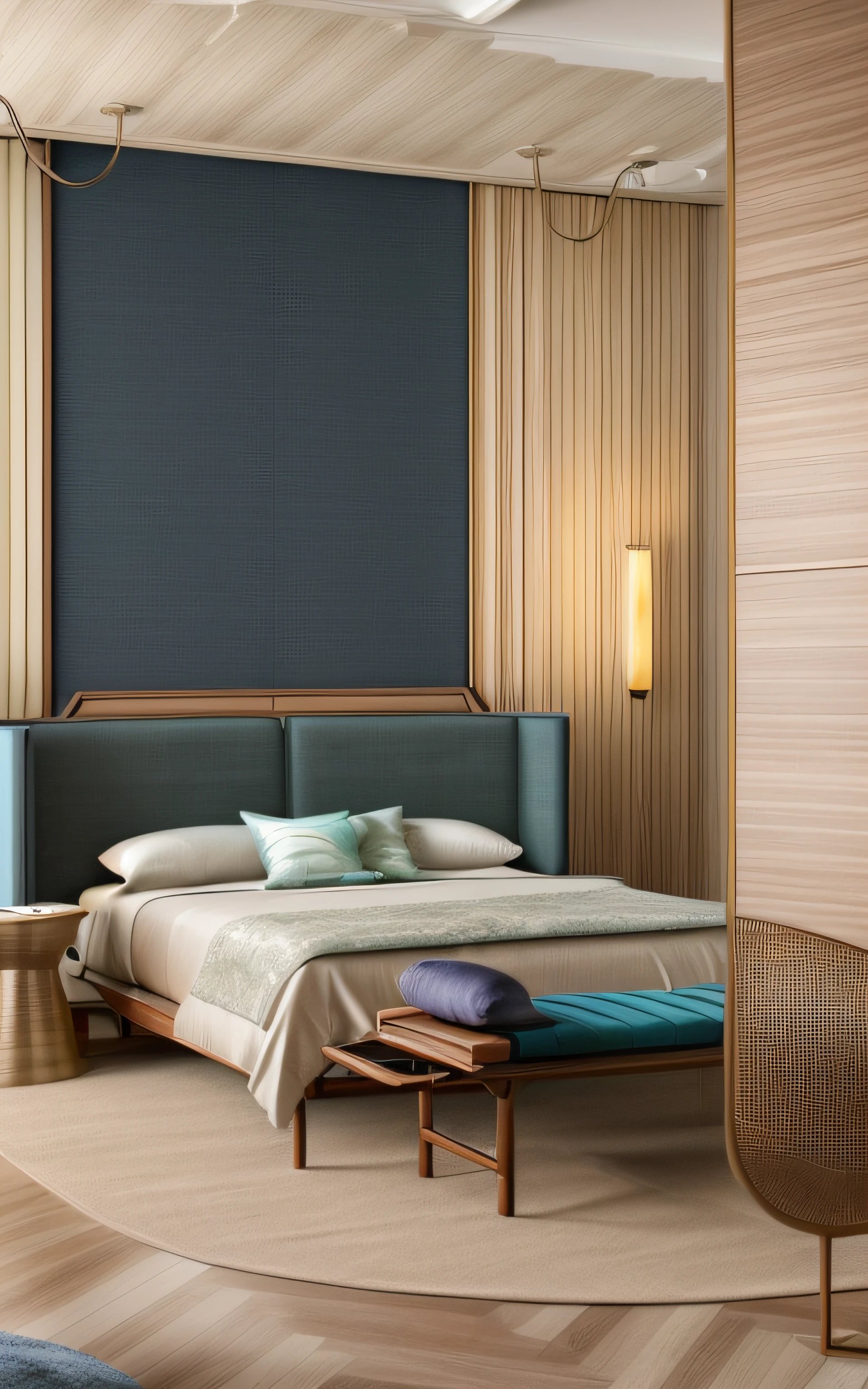 RAW photo, interior classic style, (high detailed skin:1.2), 8k uhd, dslr, (natural light:1.2), high qualityPlease generate a detailed and unique image of the living room in a Japandi-style apartment. The room should embody the essence of Japandi with warm and bright natural wood tones, emphasizing the wood's beautiful grain patterns. The floor should consist of opulent tiles or luxurious marble cladding with elegant cloud-like patterns. Incorporate both modern LED lighting and a contemporary chandelier to create a well-lit space. The sofa, ideally in a refined textile, should complement the interior furnishings. Choose modern, sleek curtains in a sophisticated shade of navy blue to create a contemporary contrast. Ensure that the room is flooded with authentic and crisp natural light, enhancing the colors and textures of the interior elements. To introduce a unique twist, incorporate a monochromatic wood paneling that spans the walls. Decorative elements in pastel blue, moss green, deep plum, and other standout colors should be strategically placed throughout the room. Please ensure that the room radiates an atmosphere of Japandi harmony, sophistication, and creativity, where the interplay of natural light, wood textures, and unique color accents creates a stunning representation of the Japandi apartment living room